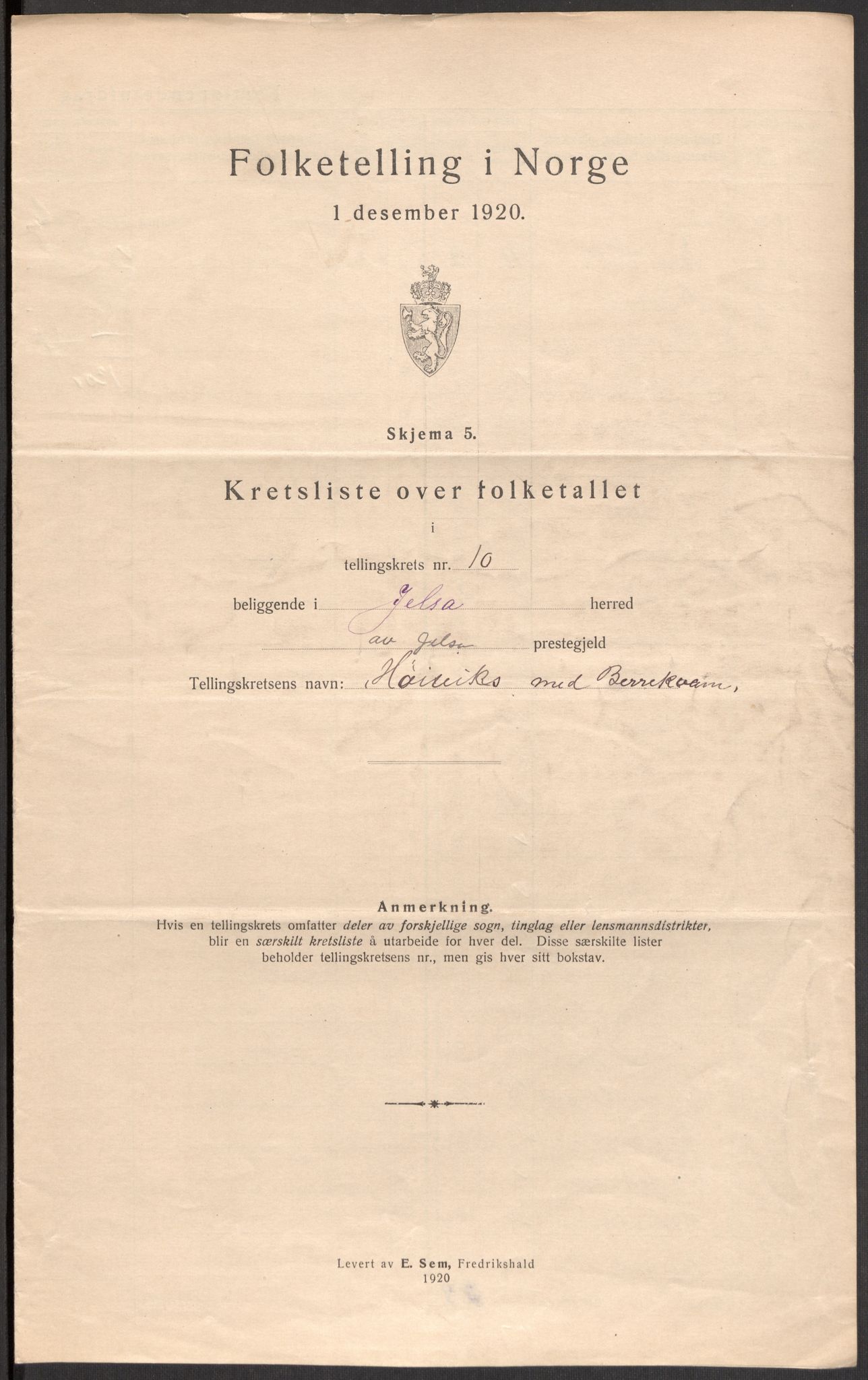 SAST, 1920 census for Jelsa, 1920, p. 43