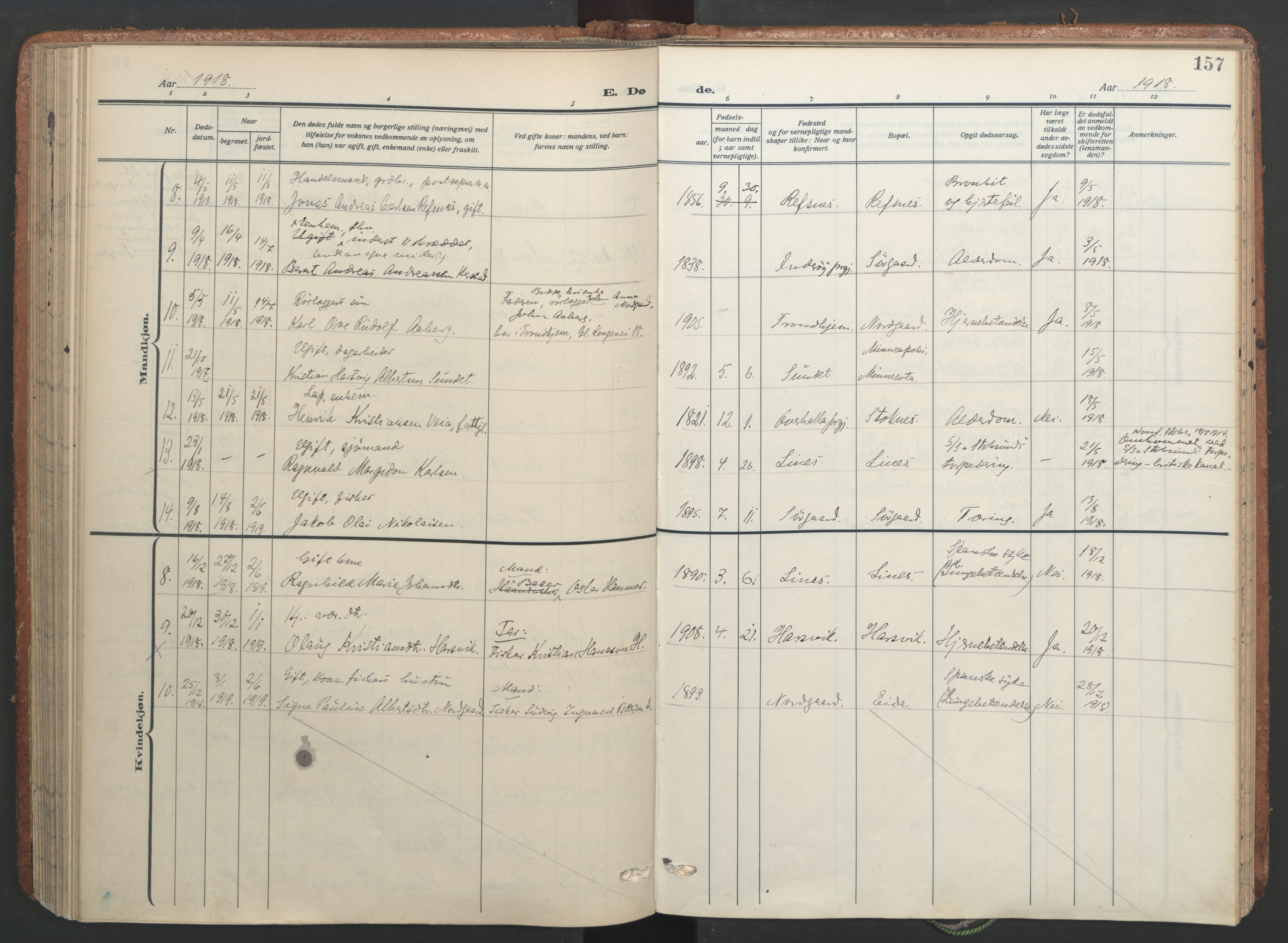 Ministerialprotokoller, klokkerbøker og fødselsregistre - Sør-Trøndelag, AV/SAT-A-1456/656/L0694: Parish register (official) no. 656A03, 1914-1931, p. 157