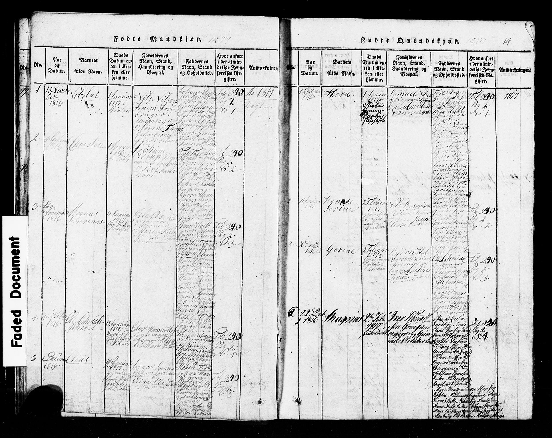 Hurum kirkebøker, SAKO/A-229/G/Ga/L0001: Parish register (copy) no. I 1, 1816-1826, p. 14