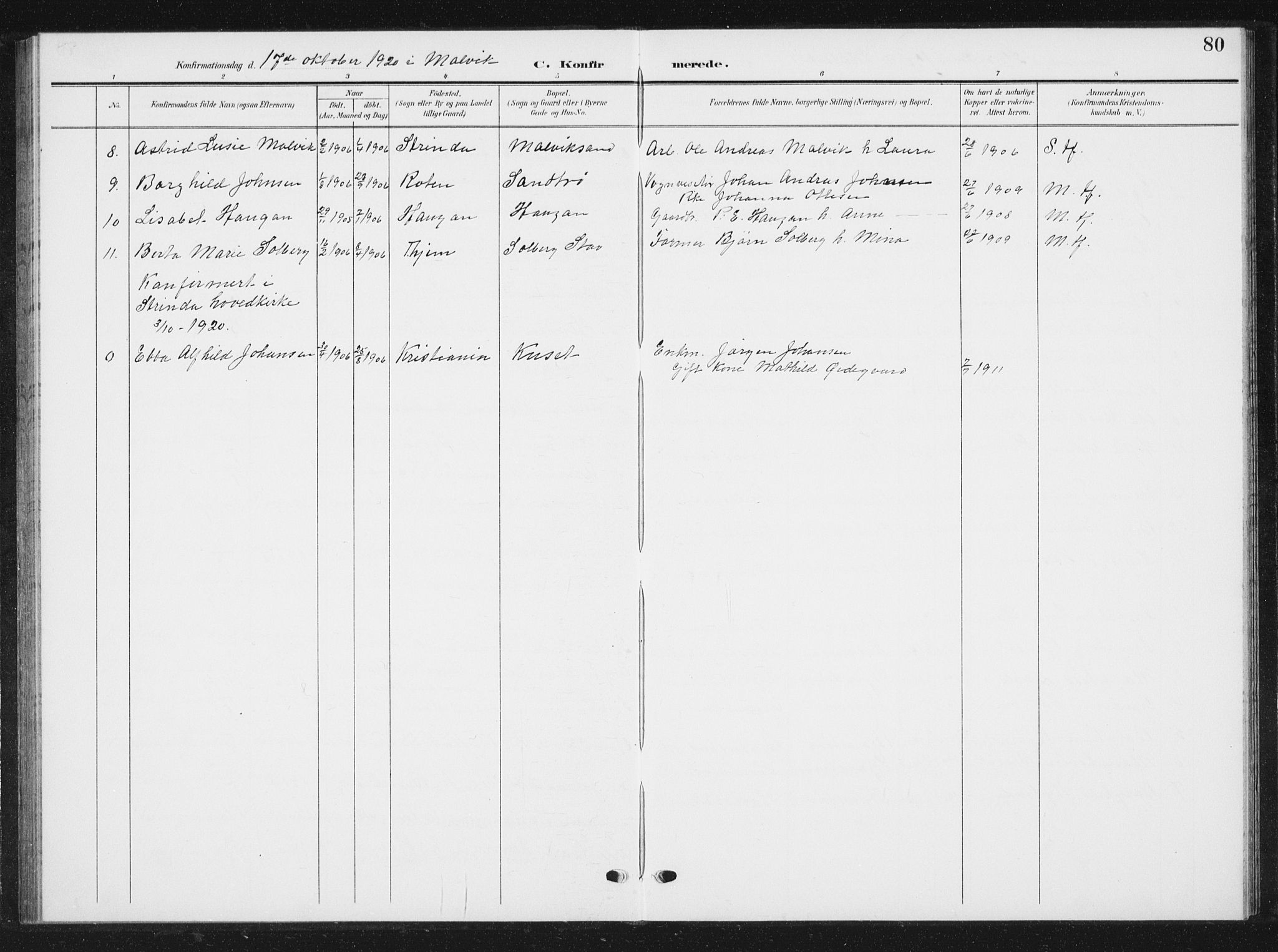 Ministerialprotokoller, klokkerbøker og fødselsregistre - Sør-Trøndelag, AV/SAT-A-1456/616/L0424: Parish register (copy) no. 616C07, 1904-1940, p. 80