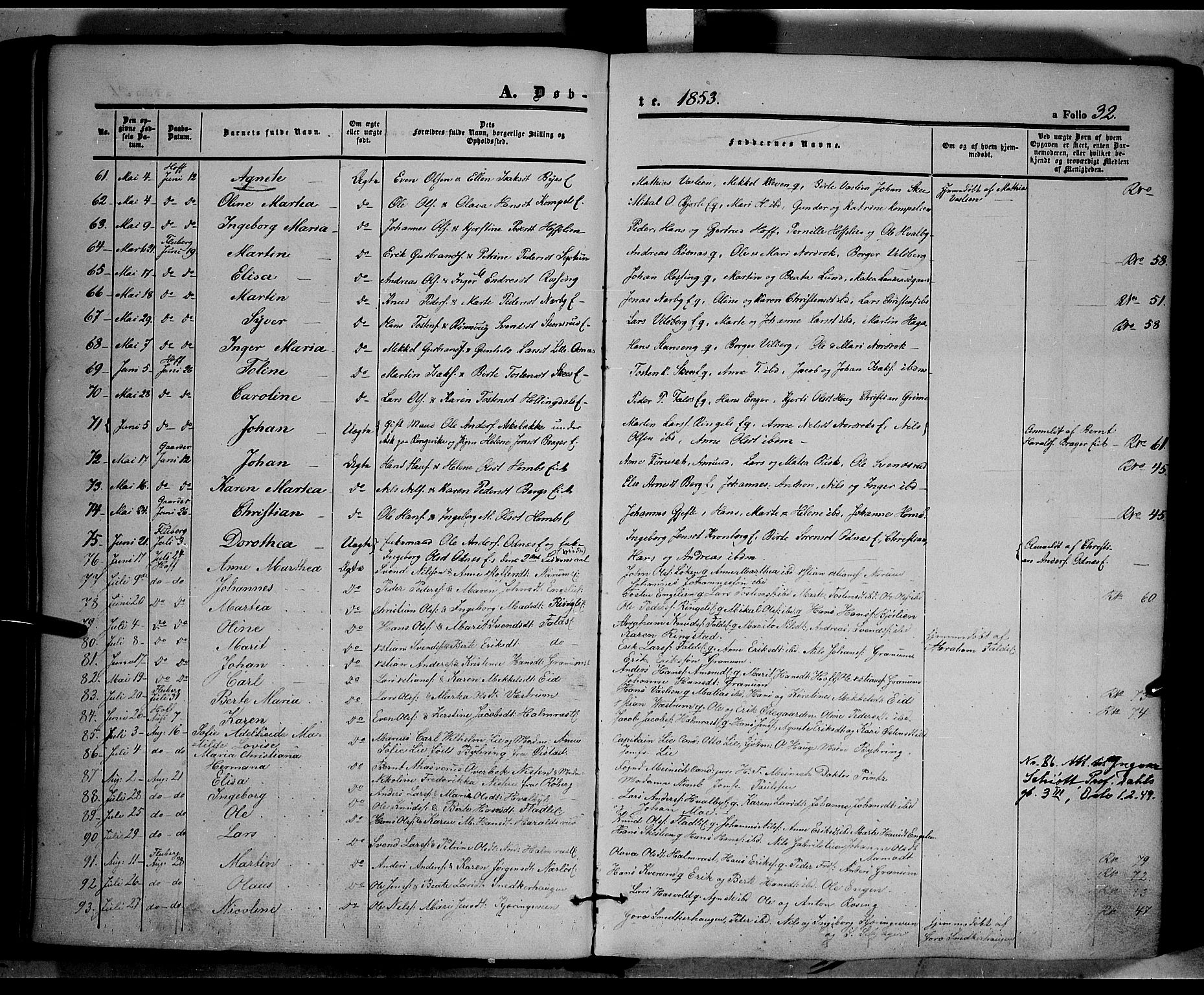 Land prestekontor, SAH/PREST-120/H/Ha/Haa/L0009: Parish register (official) no. 9, 1847-1859, p. 32