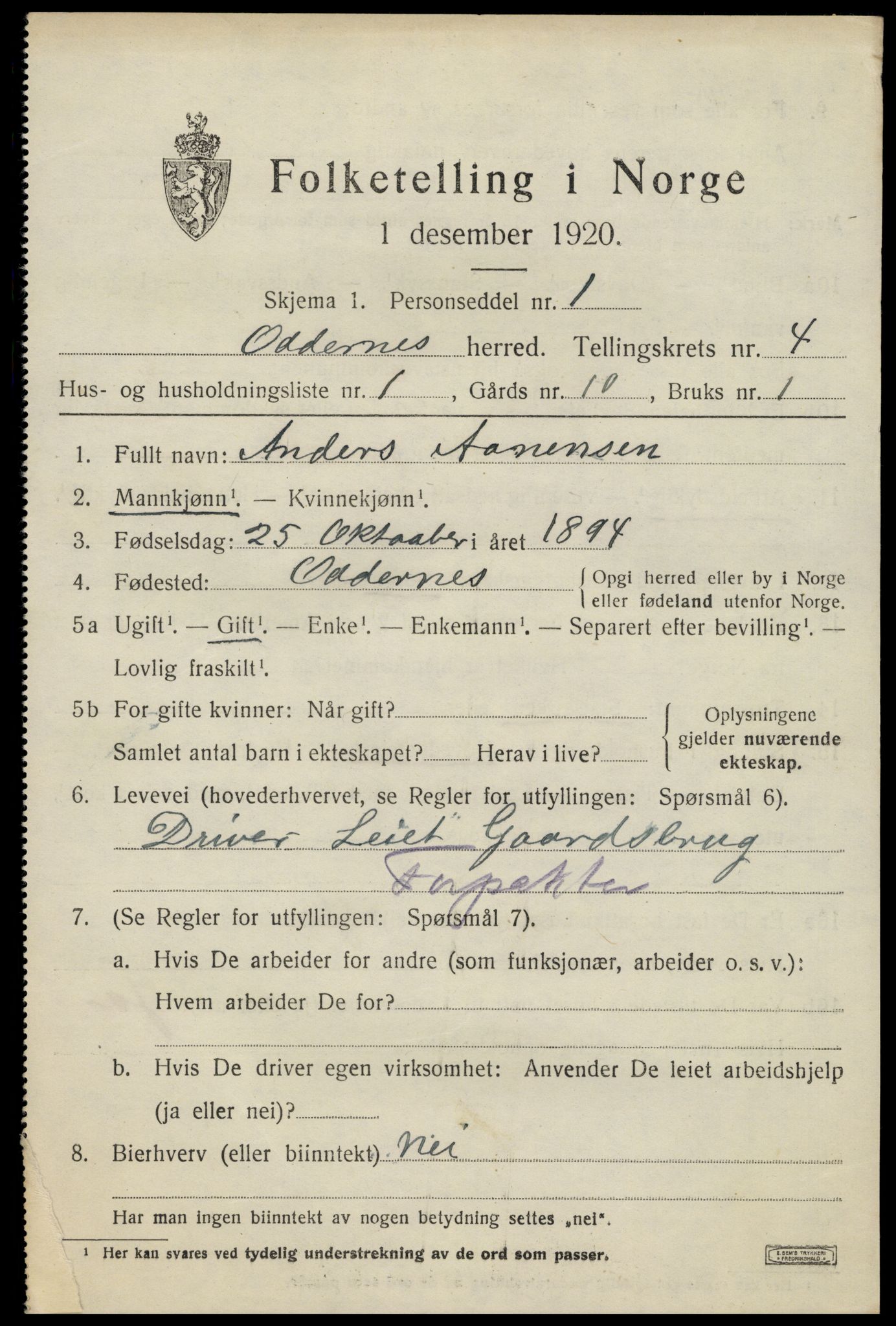 SAK, 1920 census for Oddernes, 1920, p. 4059