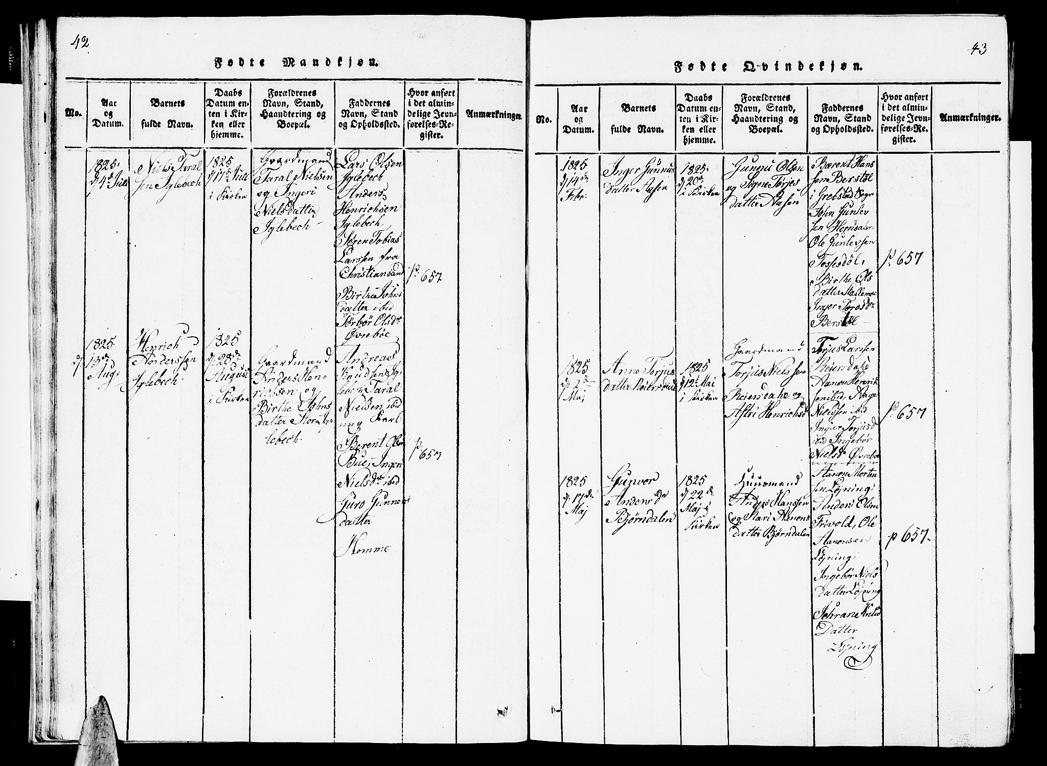 Vennesla sokneprestkontor, AV/SAK-1111-0045/Fb/Fbc/L0001: Parish register (copy) no. B 1, 1820-1834, p. 42-43