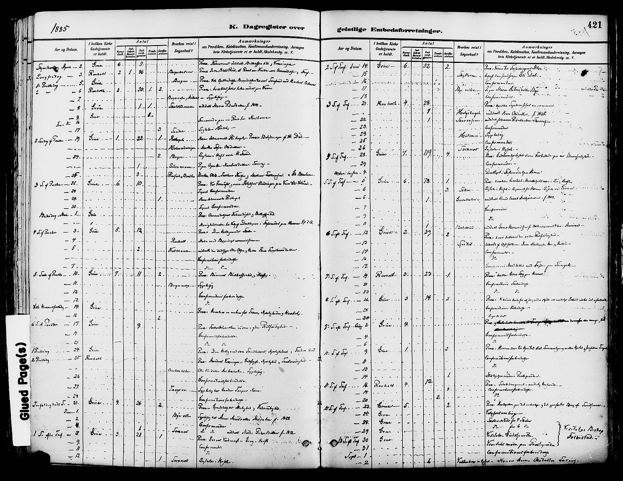 Grue prestekontor, SAH/PREST-036/H/Ha/Haa/L0012: Parish register (official) no. 12, 1881-1897, p. 421