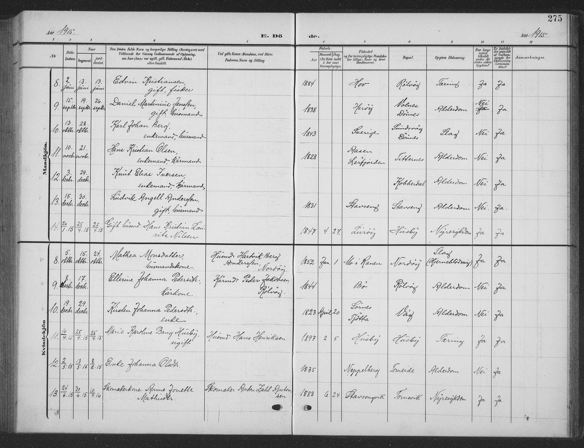 Ministerialprotokoller, klokkerbøker og fødselsregistre - Nordland, SAT/A-1459/835/L0533: Parish register (copy) no. 835C05, 1906-1939, p. 275