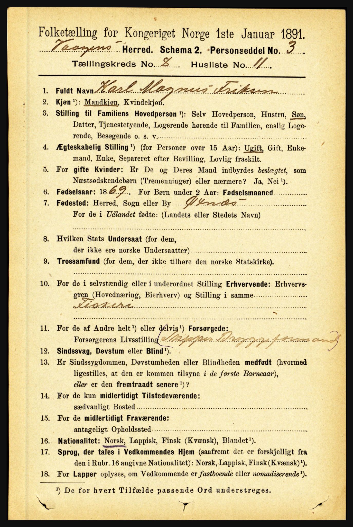 RA, 1891 census for 1865 Vågan, 1891, p. 2158
