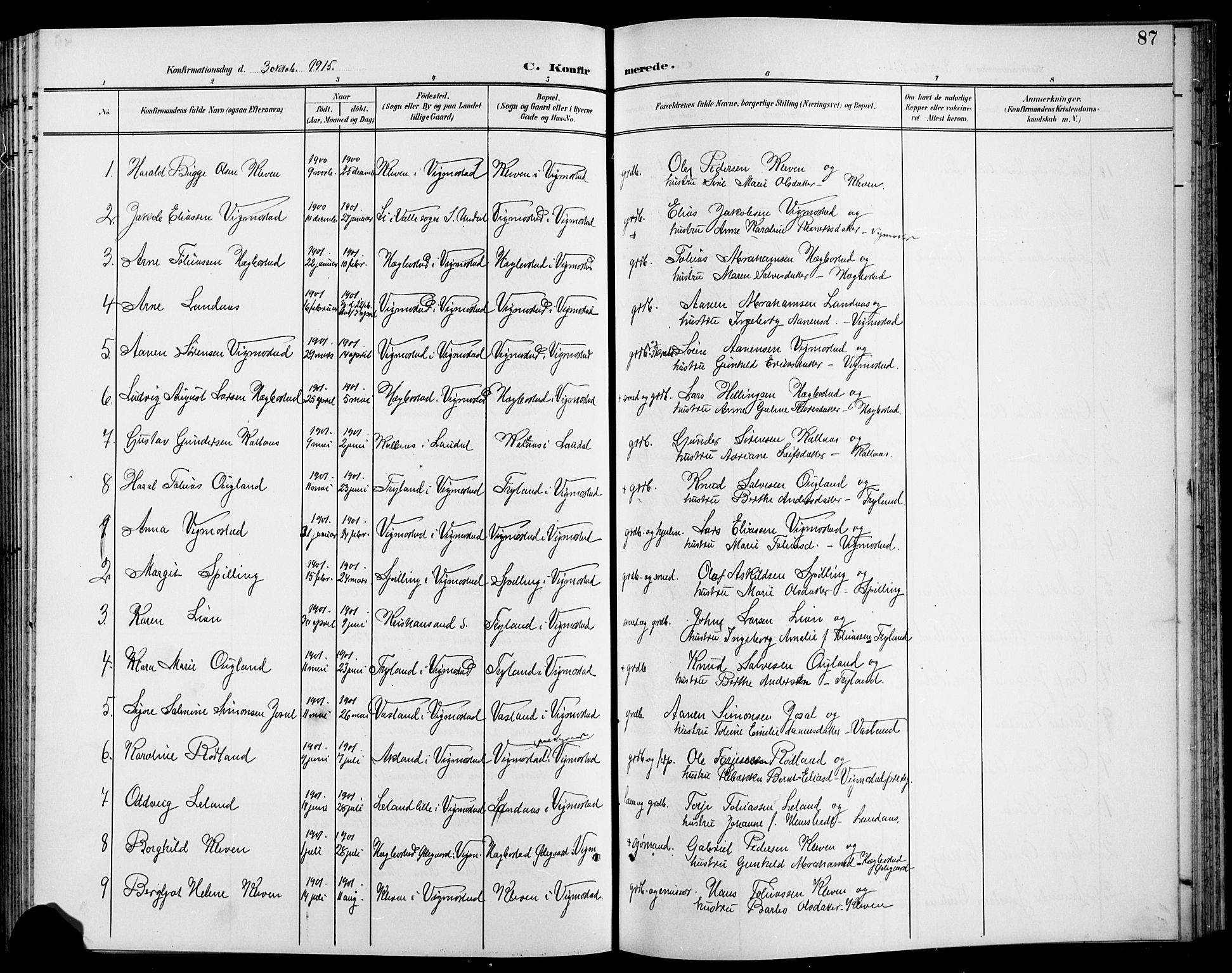 Nord-Audnedal sokneprestkontor, SAK/1111-0032/F/Fb/Fbb/L0004: Parish register (copy) no. B 4, 1901-1917, p. 87