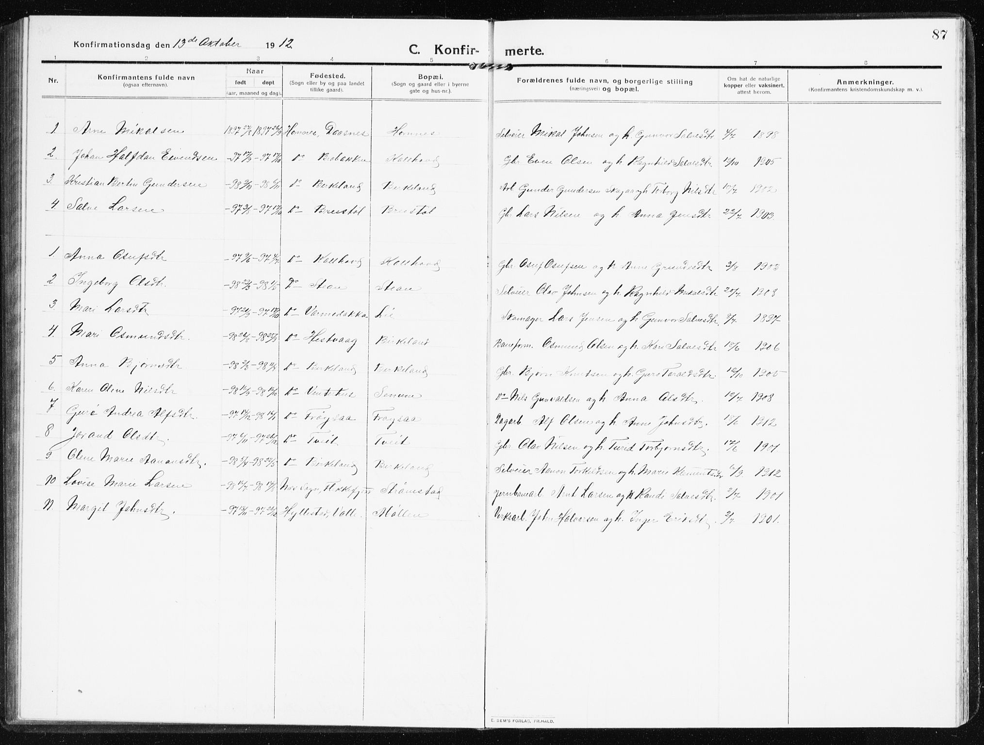 Evje sokneprestkontor, SAK/1111-0008/F/Fb/Fbb/L0003: Parish register (copy) no. B 3, 1910-1933, p. 87