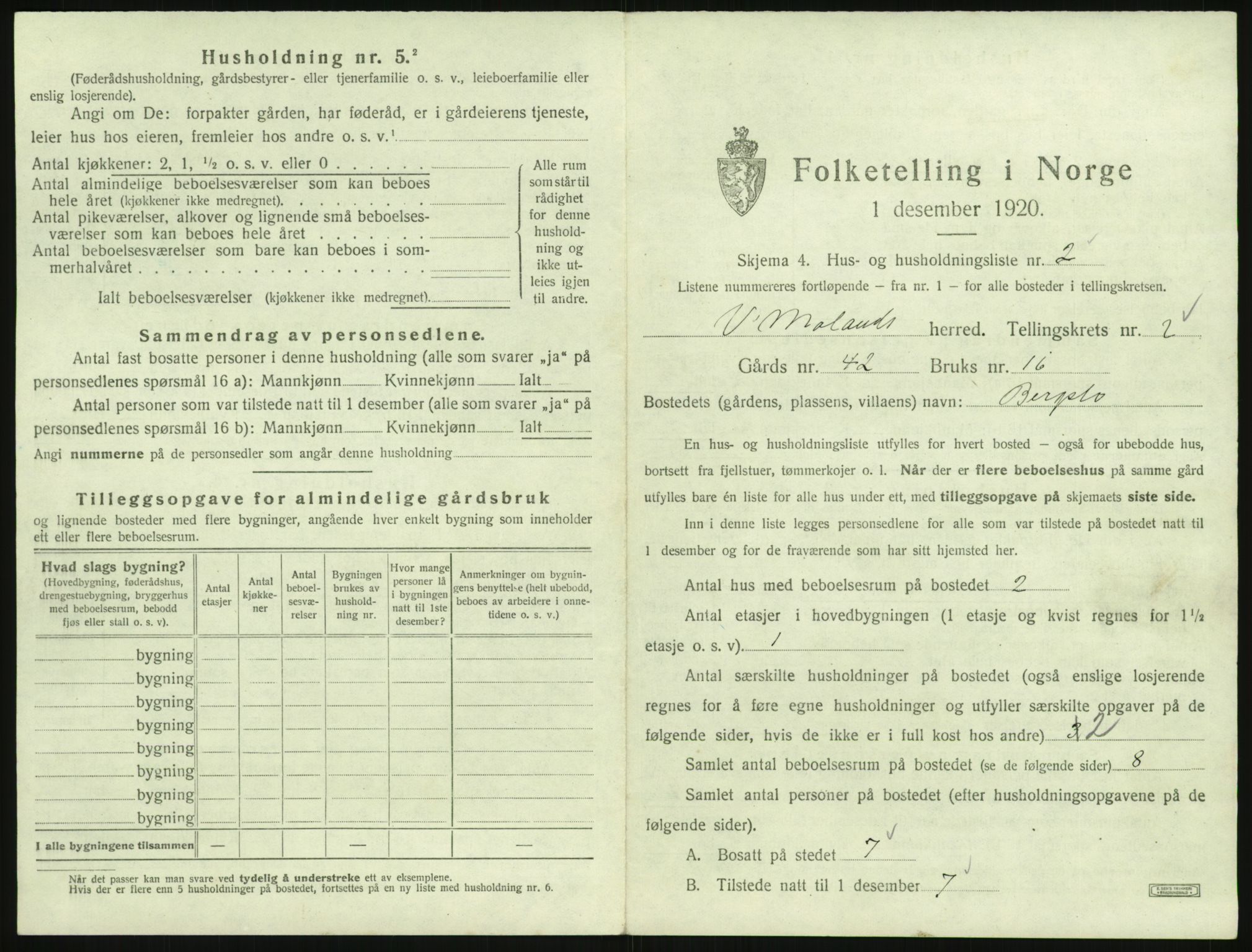 SAK, 1920 census for Vestre Moland, 1920, p. 311