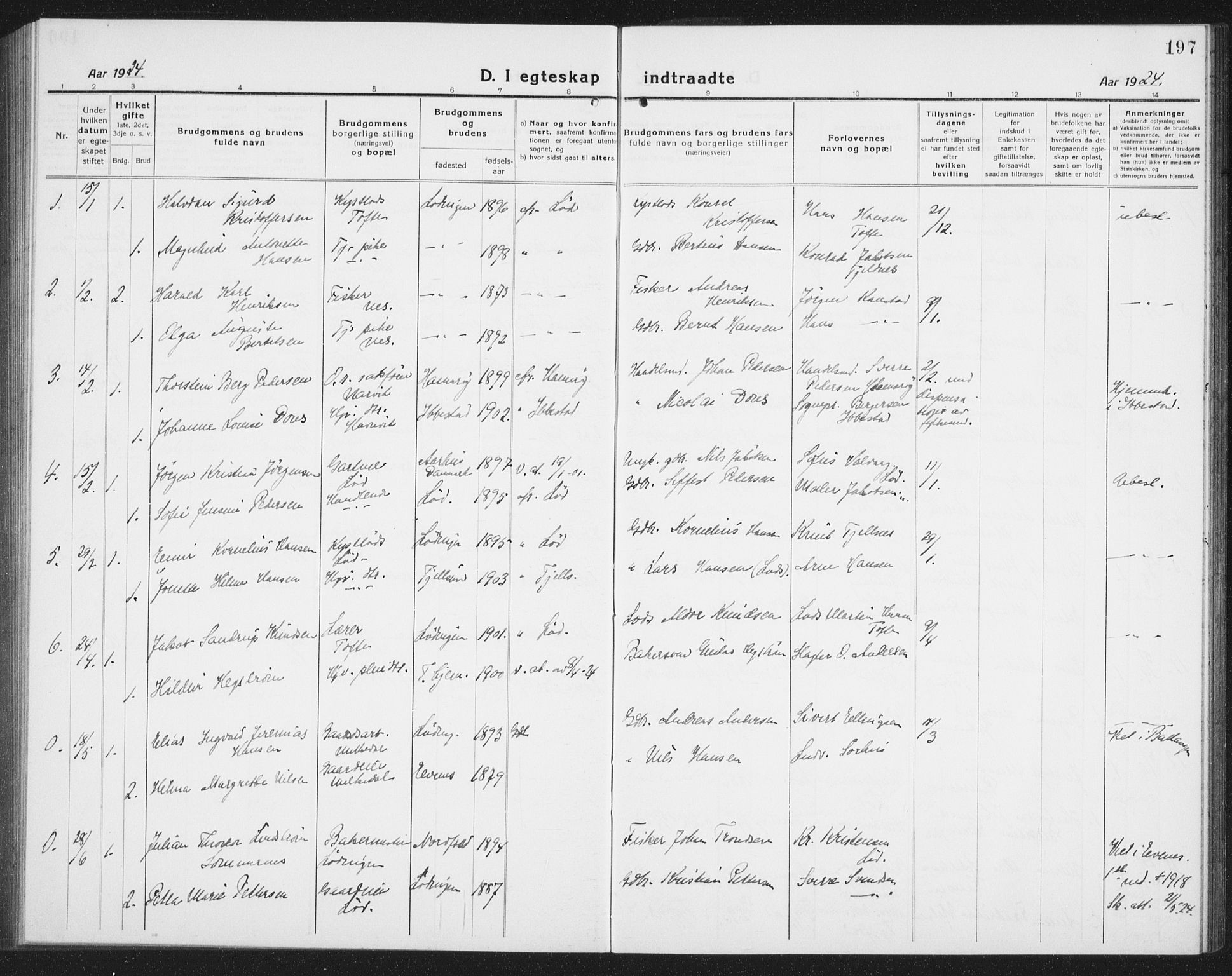 Ministerialprotokoller, klokkerbøker og fødselsregistre - Nordland, AV/SAT-A-1459/872/L1049: Parish register (copy) no. 872C05, 1920-1938, p. 197