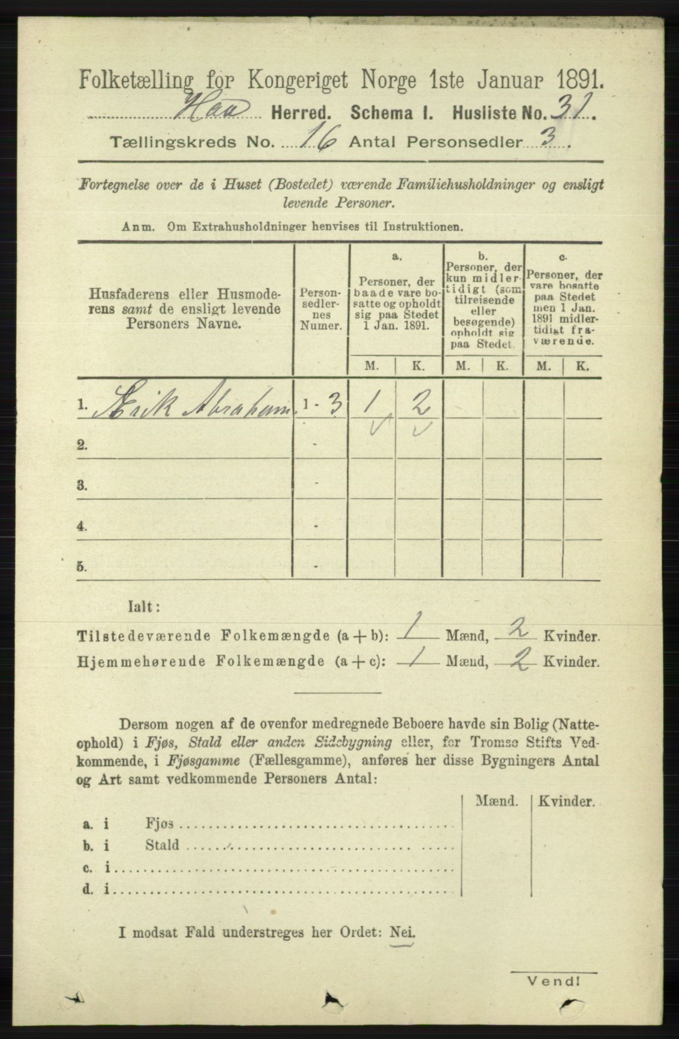 RA, 1891 census for 1119 Hå, 1891, p. 4020