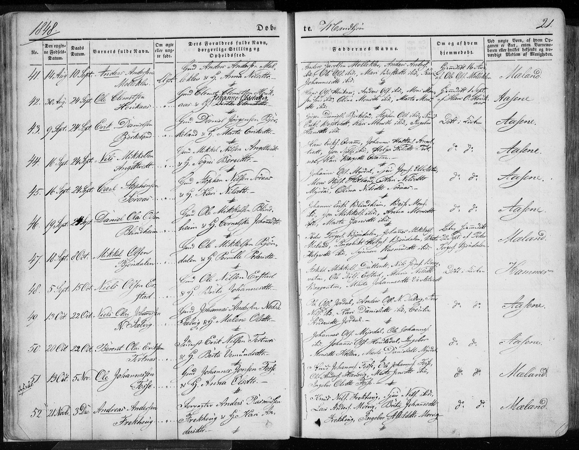 Hamre sokneprestembete, AV/SAB-A-75501/H/Ha/Haa/Haaa/L0013: Parish register (official) no. A 13, 1846-1857, p. 21