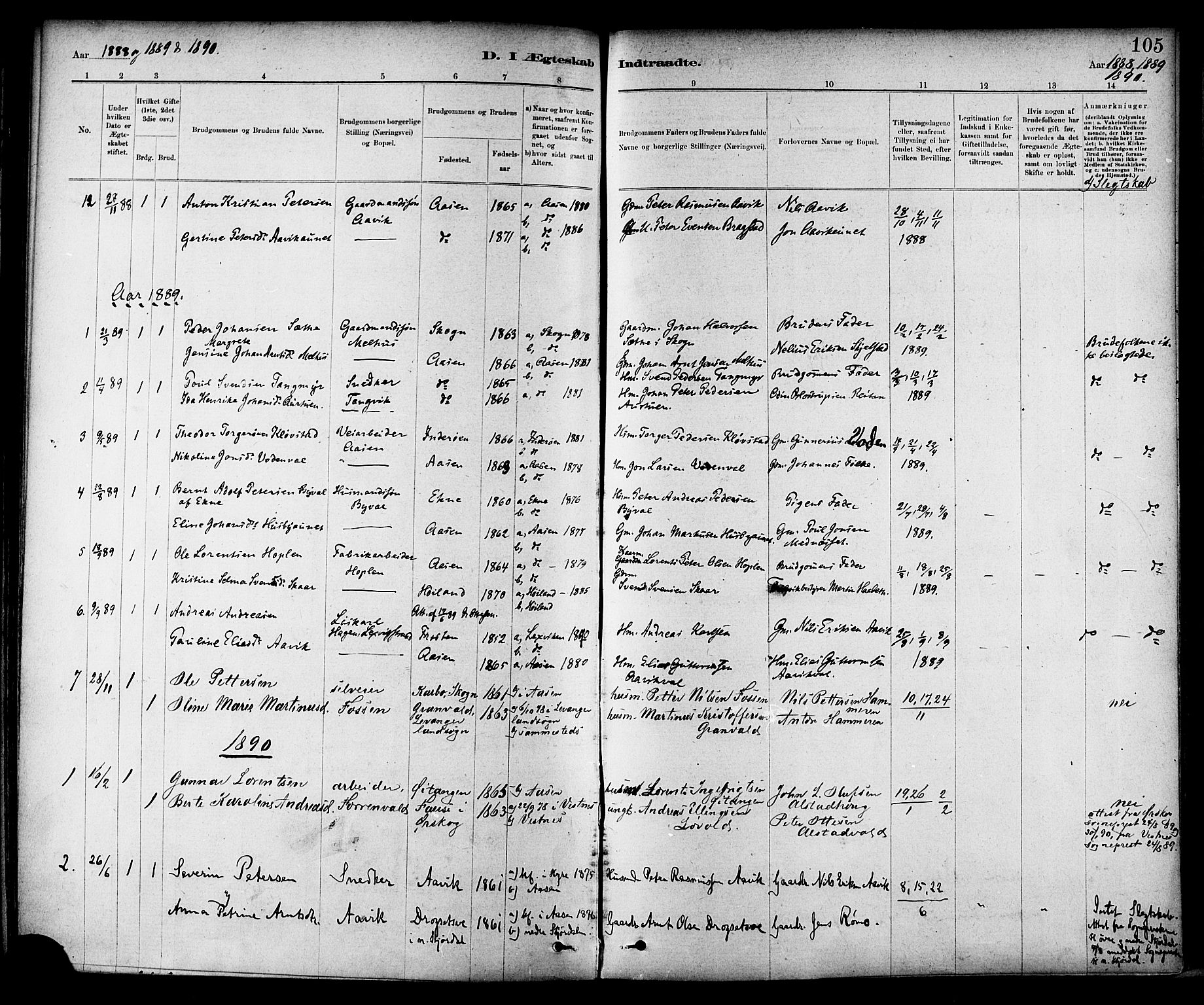 Ministerialprotokoller, klokkerbøker og fødselsregistre - Nord-Trøndelag, AV/SAT-A-1458/714/L0130: Parish register (official) no. 714A01, 1878-1895, p. 105