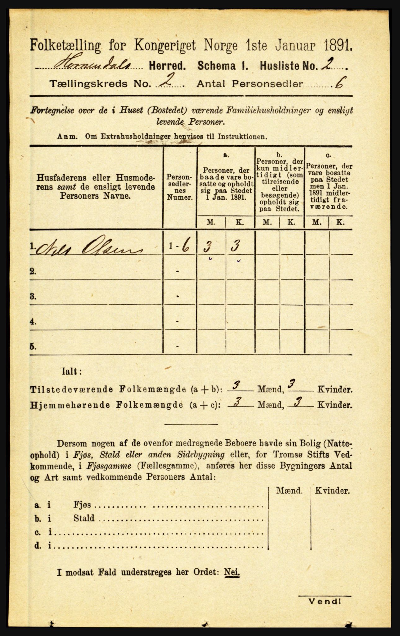 RA, 1891 census for 1444 Hornindal, 1891, p. 300