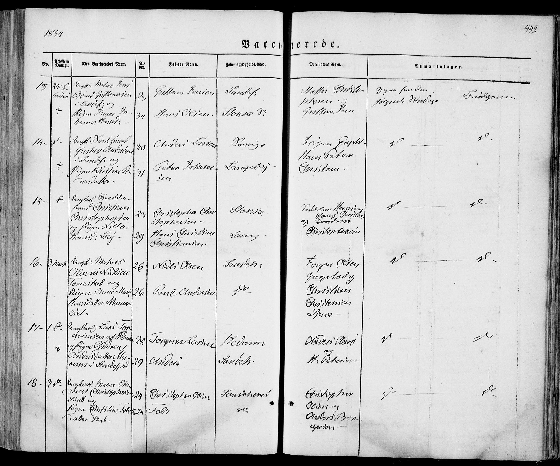 Sandar kirkebøker, SAKO/A-243/F/Fa/L0006: Parish register (official) no. 6, 1847-1860, p. 442