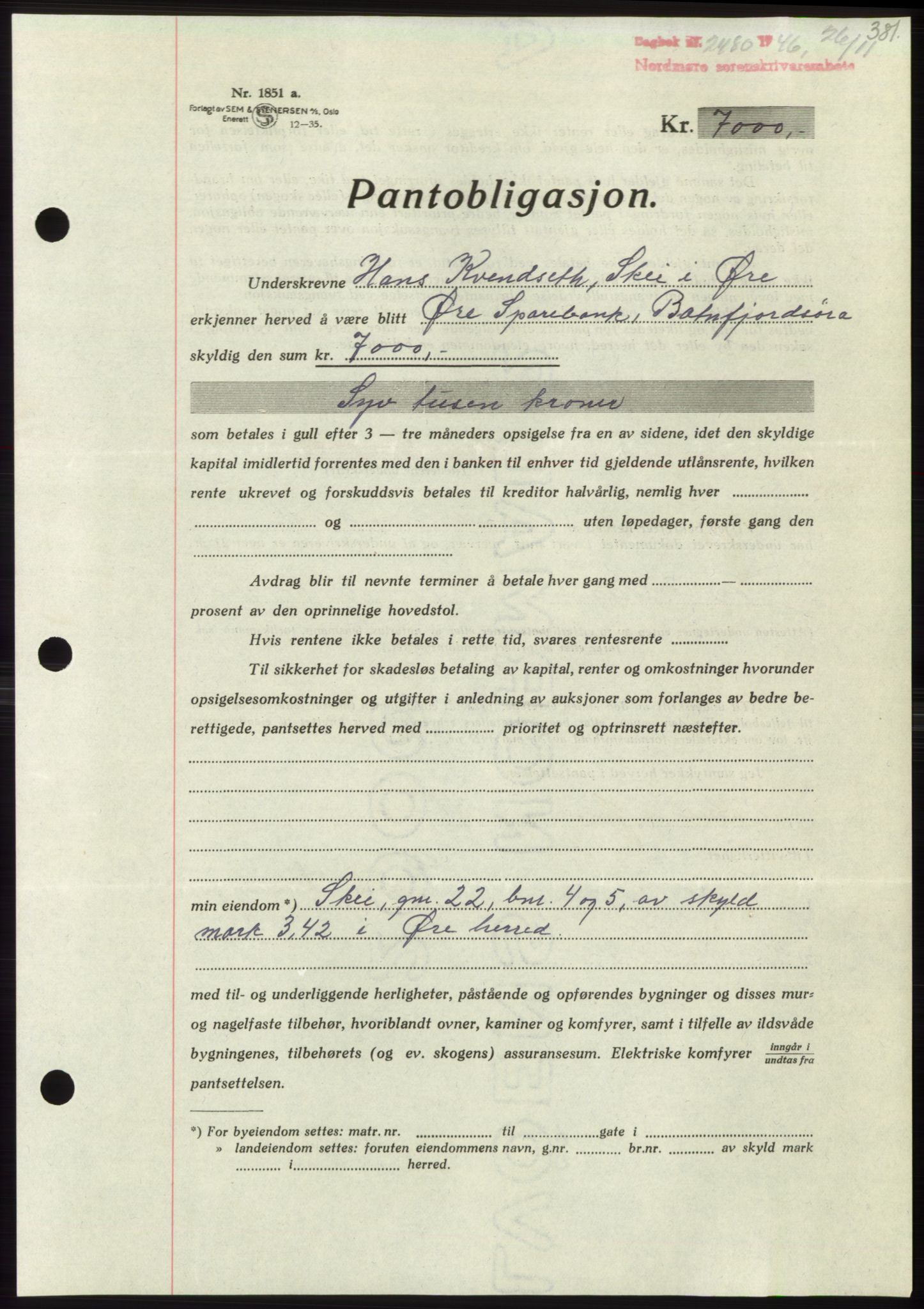 Nordmøre sorenskriveri, AV/SAT-A-4132/1/2/2Ca: Mortgage book no. B95, 1946-1947, Diary no: : 2480/1946