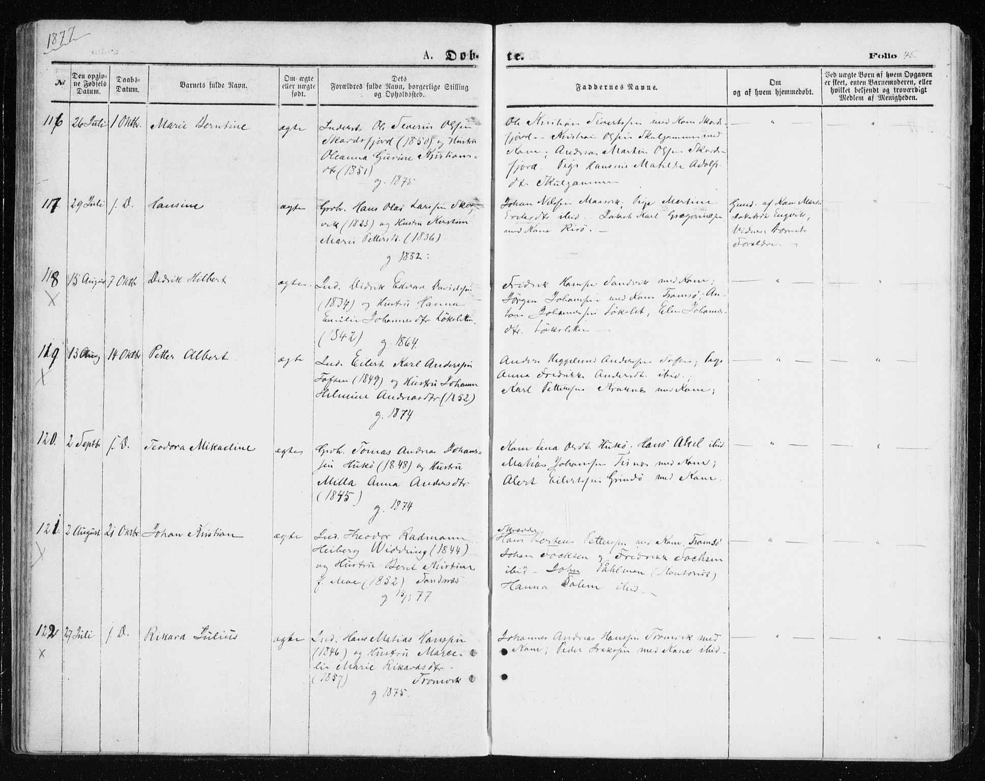 Tromsøysund sokneprestkontor, SATØ/S-1304/G/Ga/L0003kirke: Parish register (official) no. 3, 1875-1880, p. 45