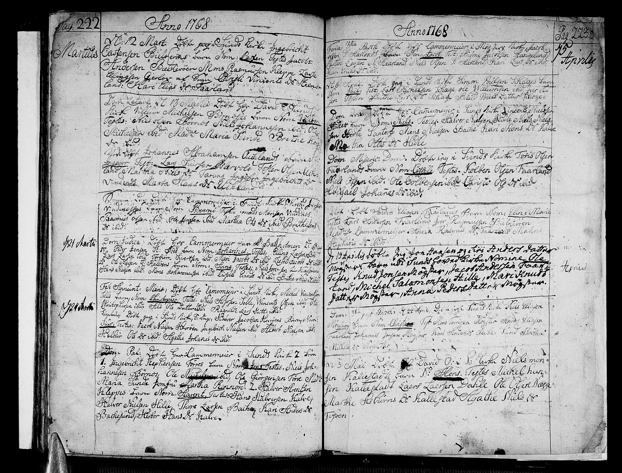 Sund sokneprestembete, AV/SAB-A-99930: Parish register (official) no. A 4, 1748-1769, p. 222-223