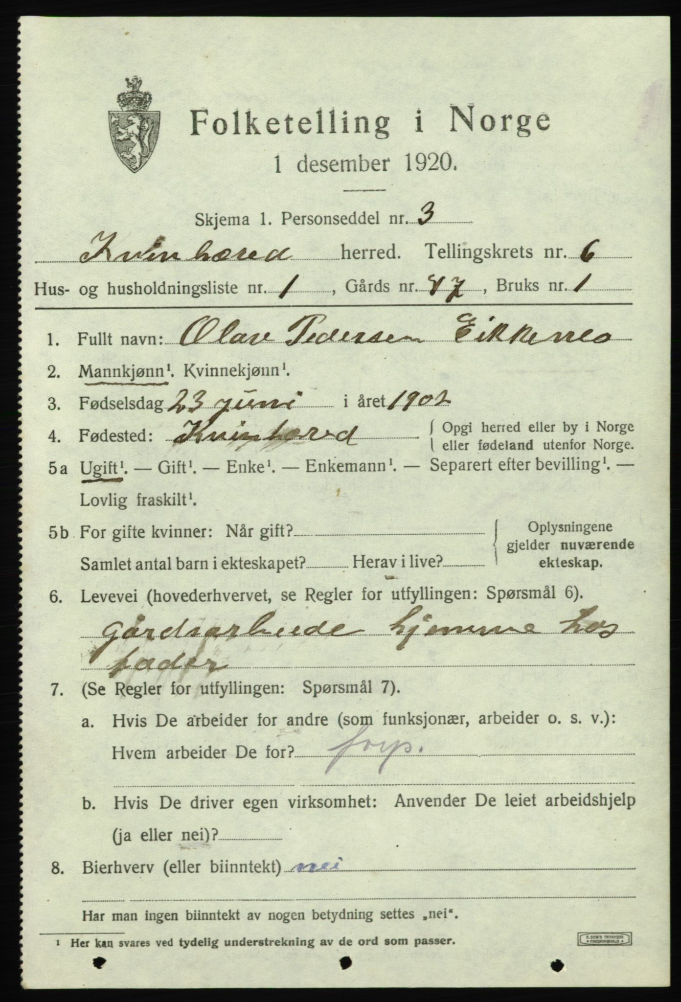 SAB, 1920 census for Kvinnherad, 1920, p. 6222