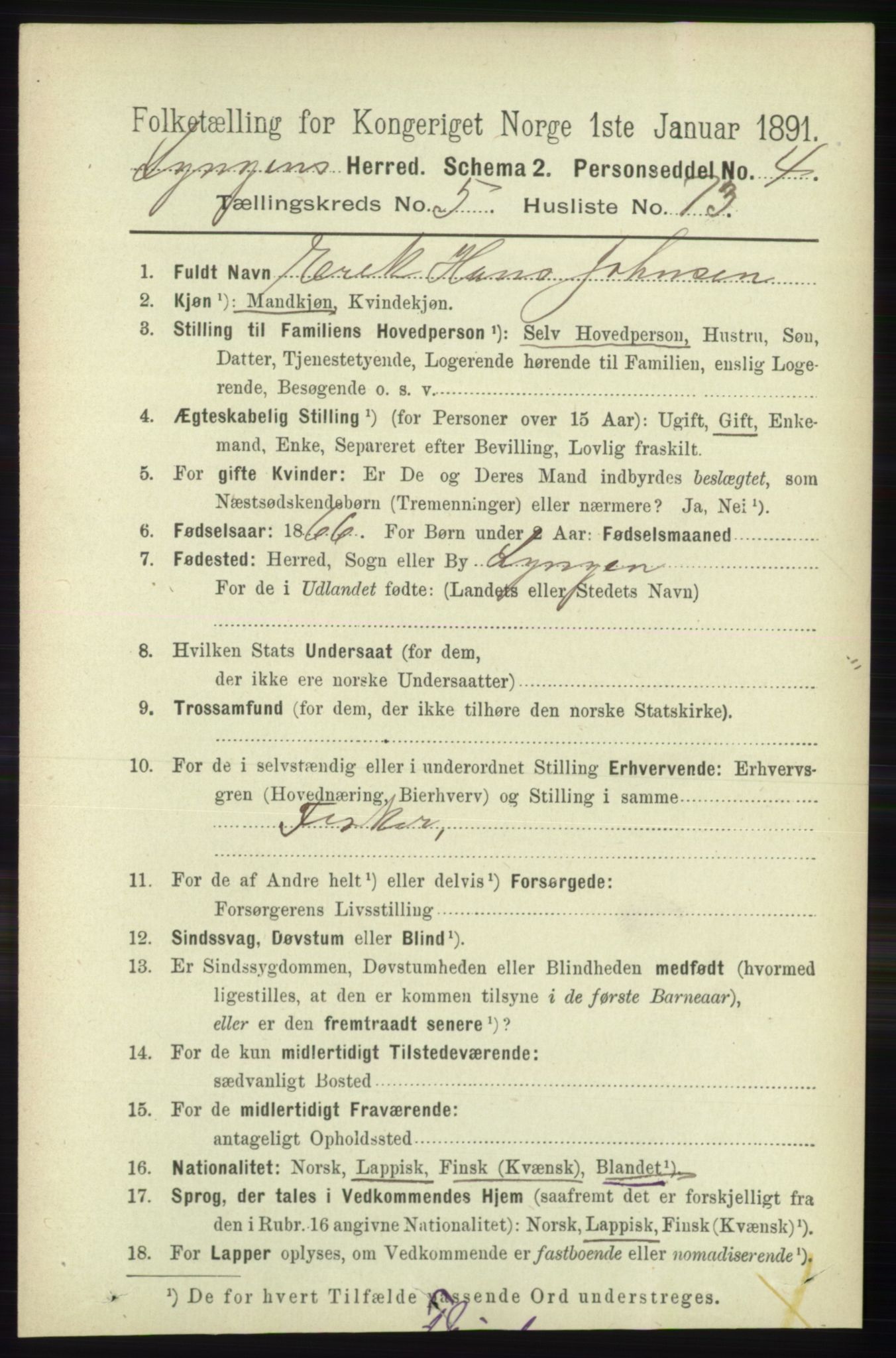 RA, 1891 census for 1938 Lyngen, 1891, p. 4894