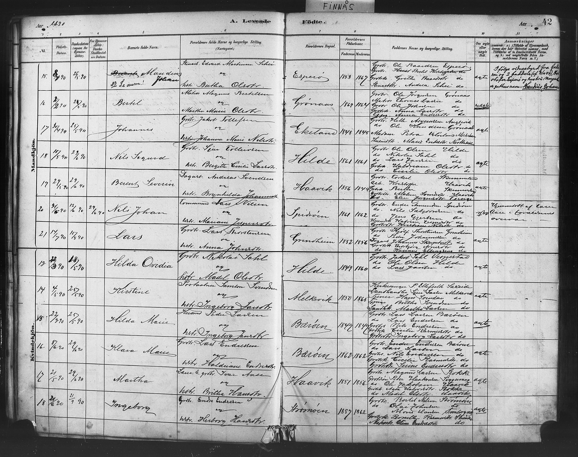 Finnås sokneprestembete, AV/SAB-A-99925/H/Ha/Haa/Haab/L0001: Parish register (official) no. B 1, 1881-1894, p. 42