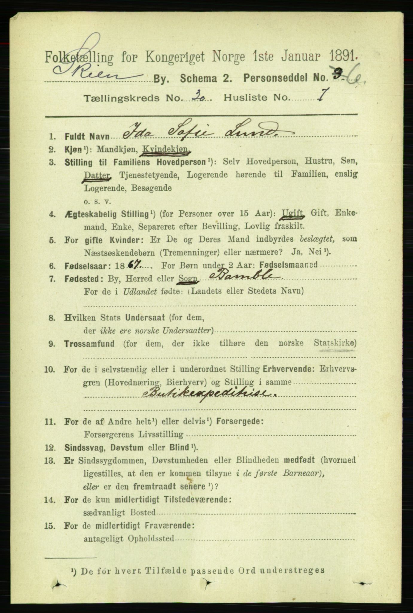 RA, 1891 census for 0806 Skien, 1891, p. 6922