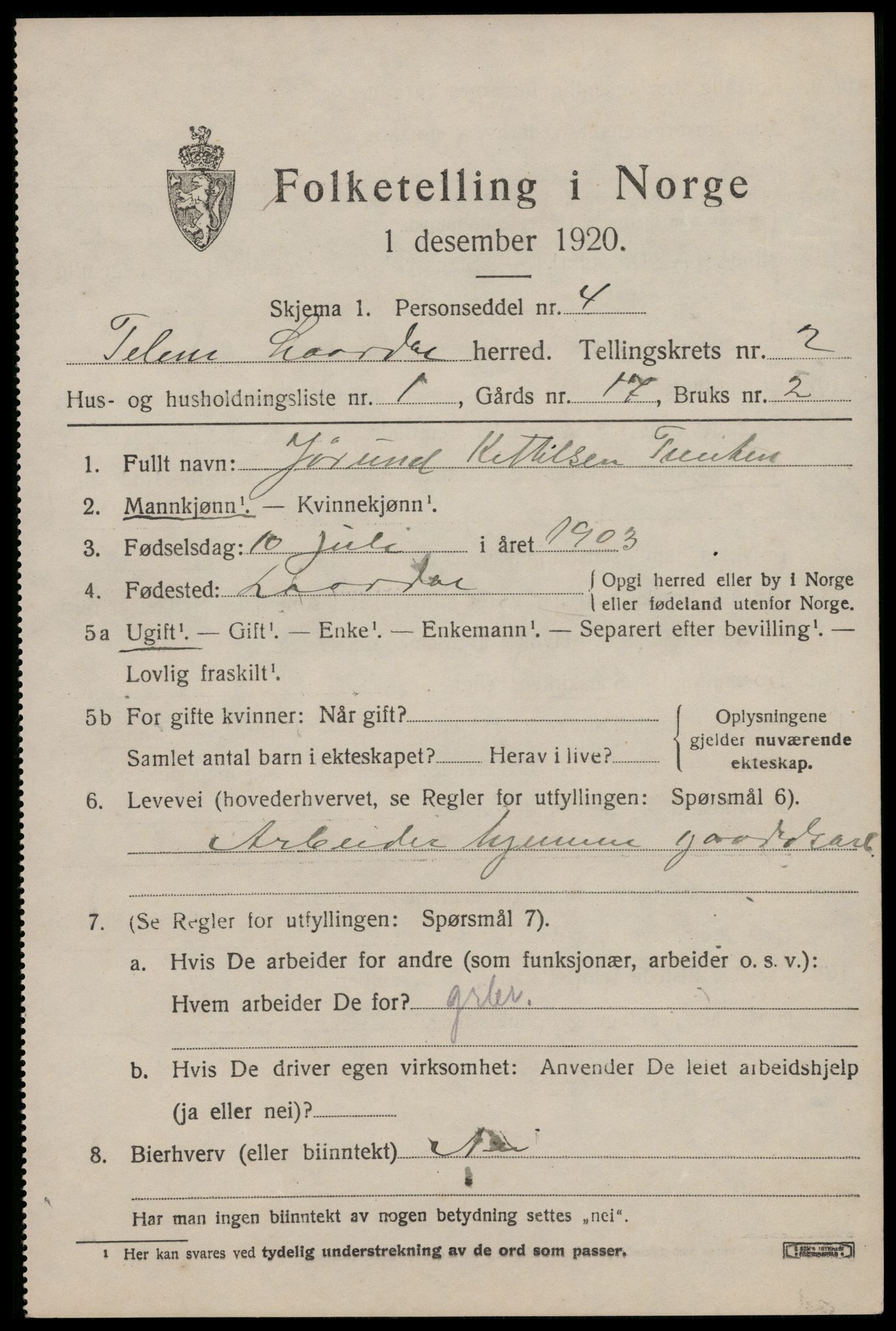 SAKO, 1920 census for Lårdal, 1920, p. 1201