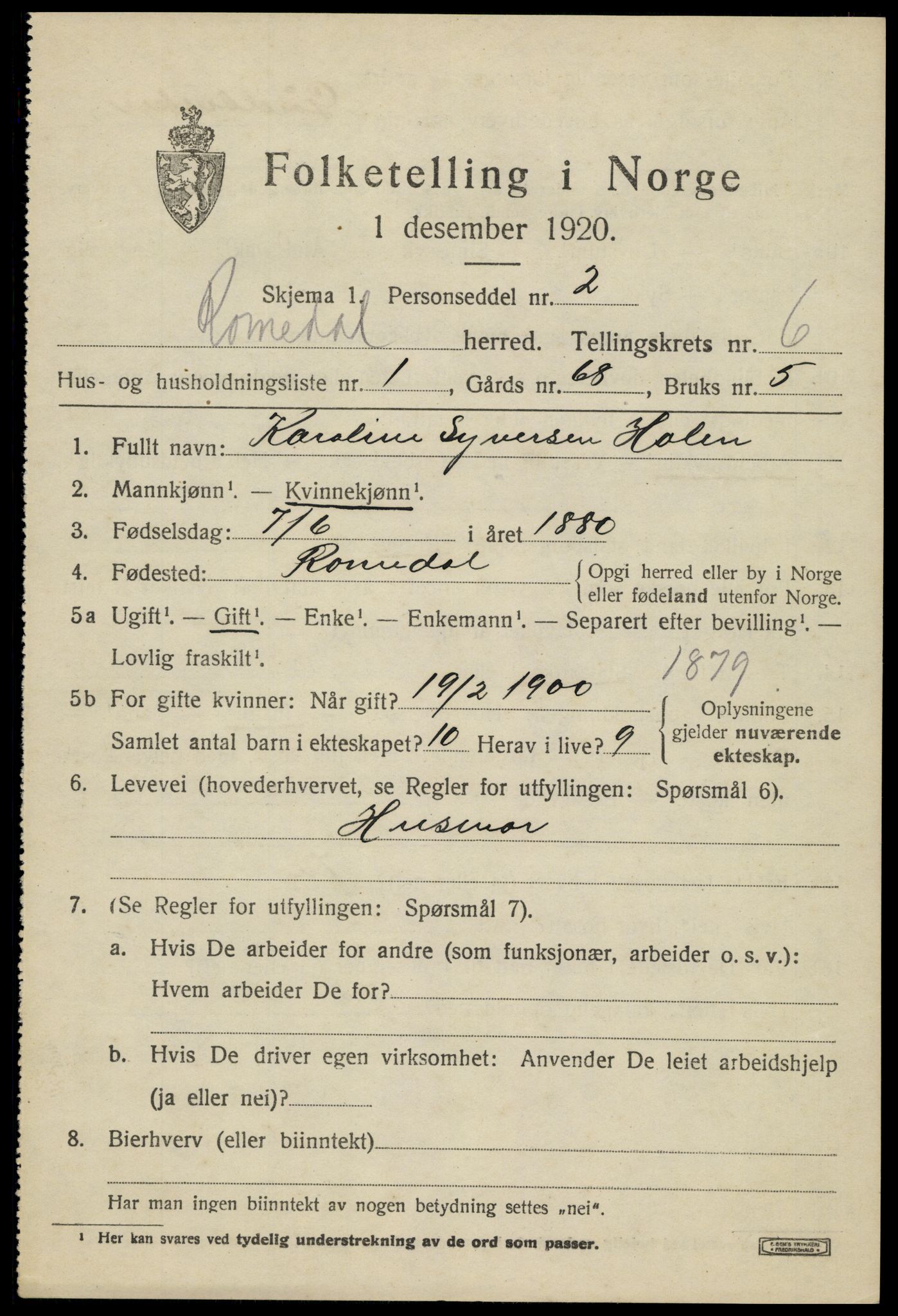 SAH, 1920 census for Romedal, 1920, p. 7775