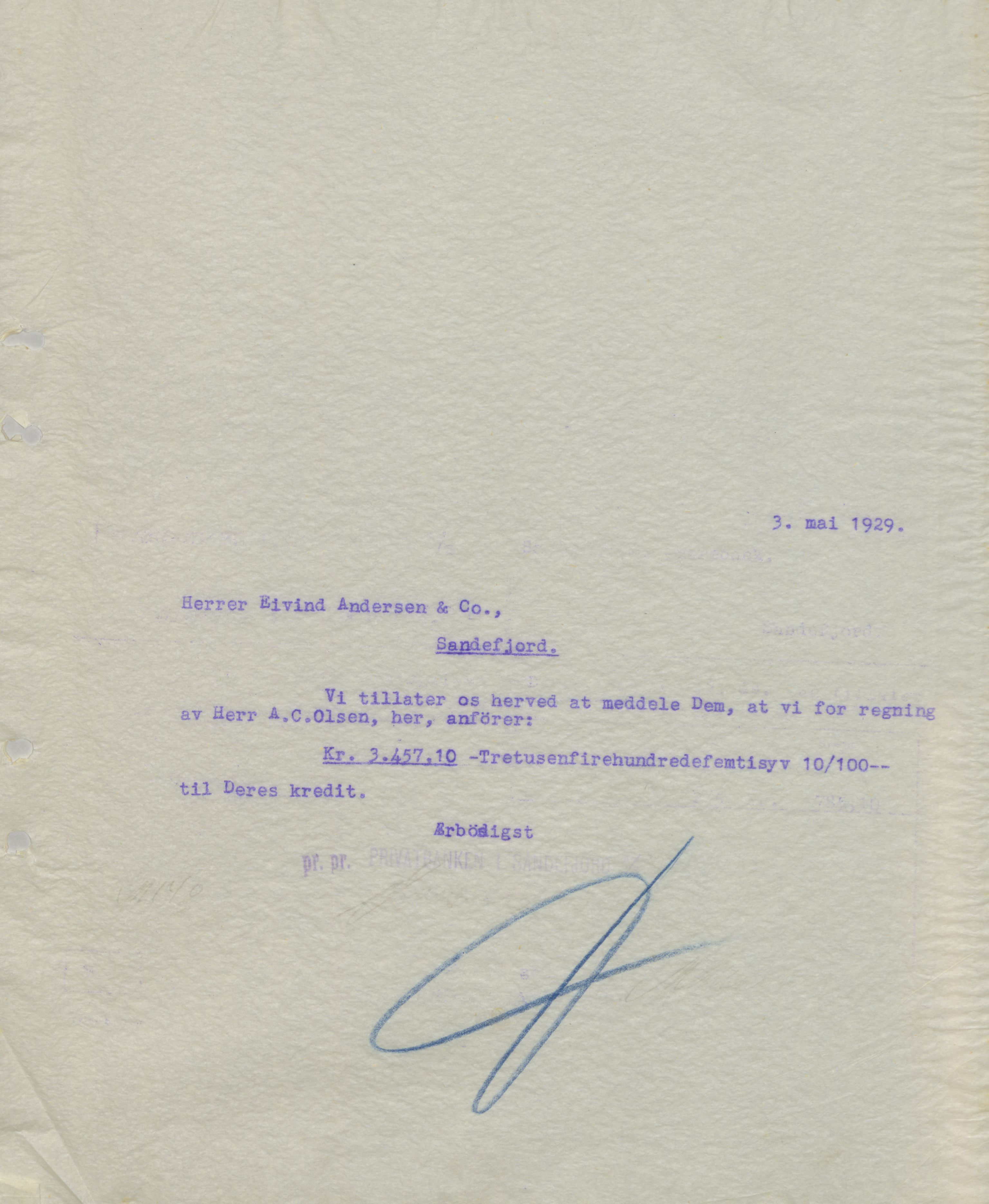 Privatbanken i Sandefjord AS, VEMU/ARS-A-1256/B/Ba/L0002: Kopibok, 1929