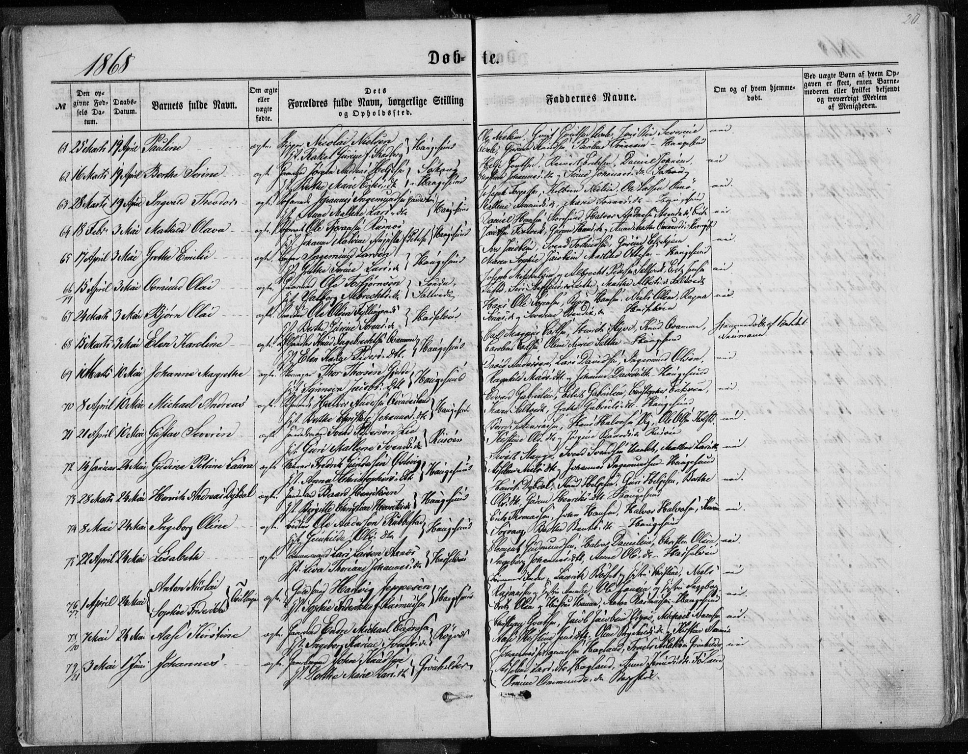 Torvastad sokneprestkontor, AV/SAST-A -101857/H/Ha/Haa/L0012: Parish register (official) no. A 12.1, 1867-1877, p. 20