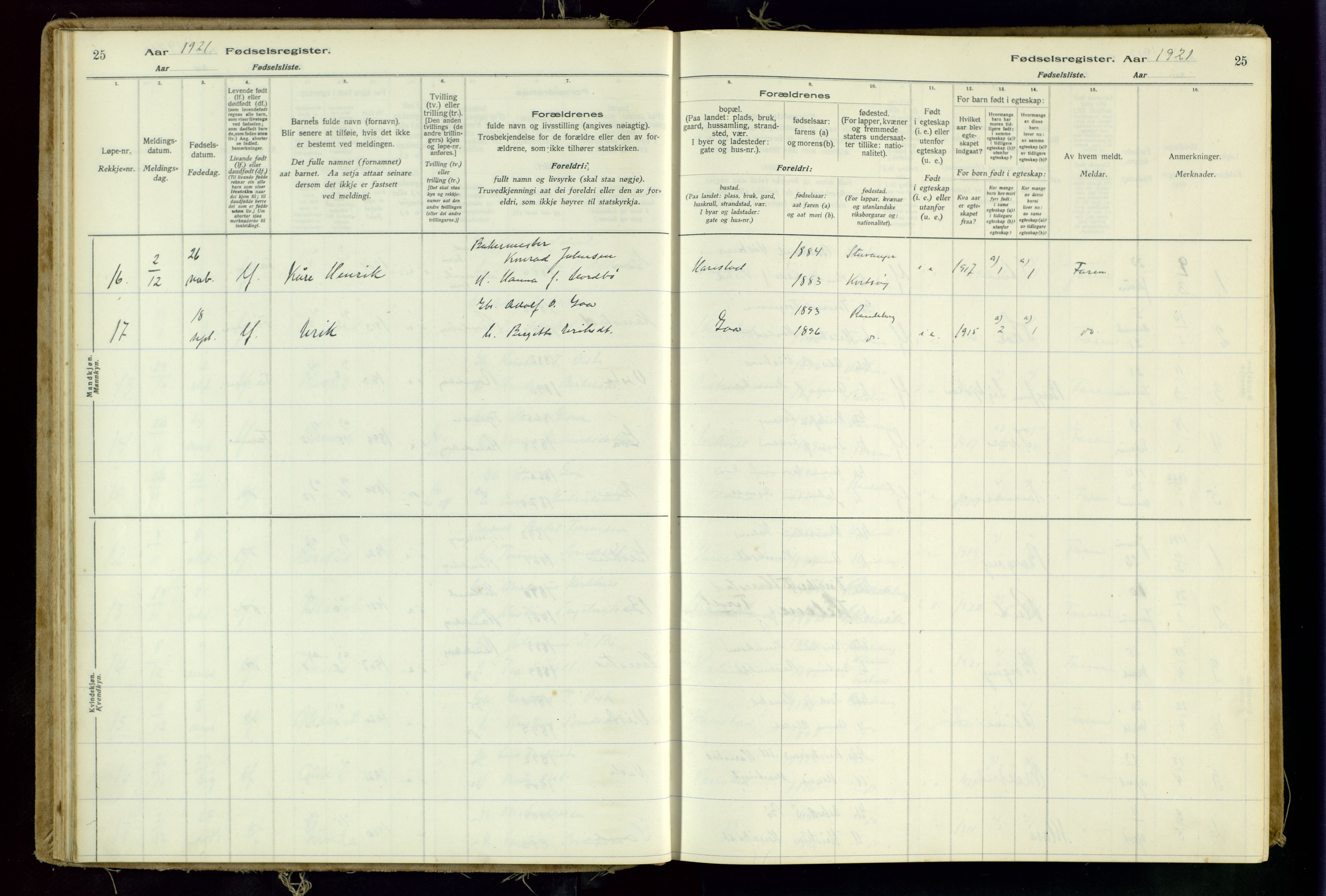 Hetland sokneprestkontor, AV/SAST-A-101826/70/704BA/L0001: Birth register no. 1, 1916-1954, p. 25