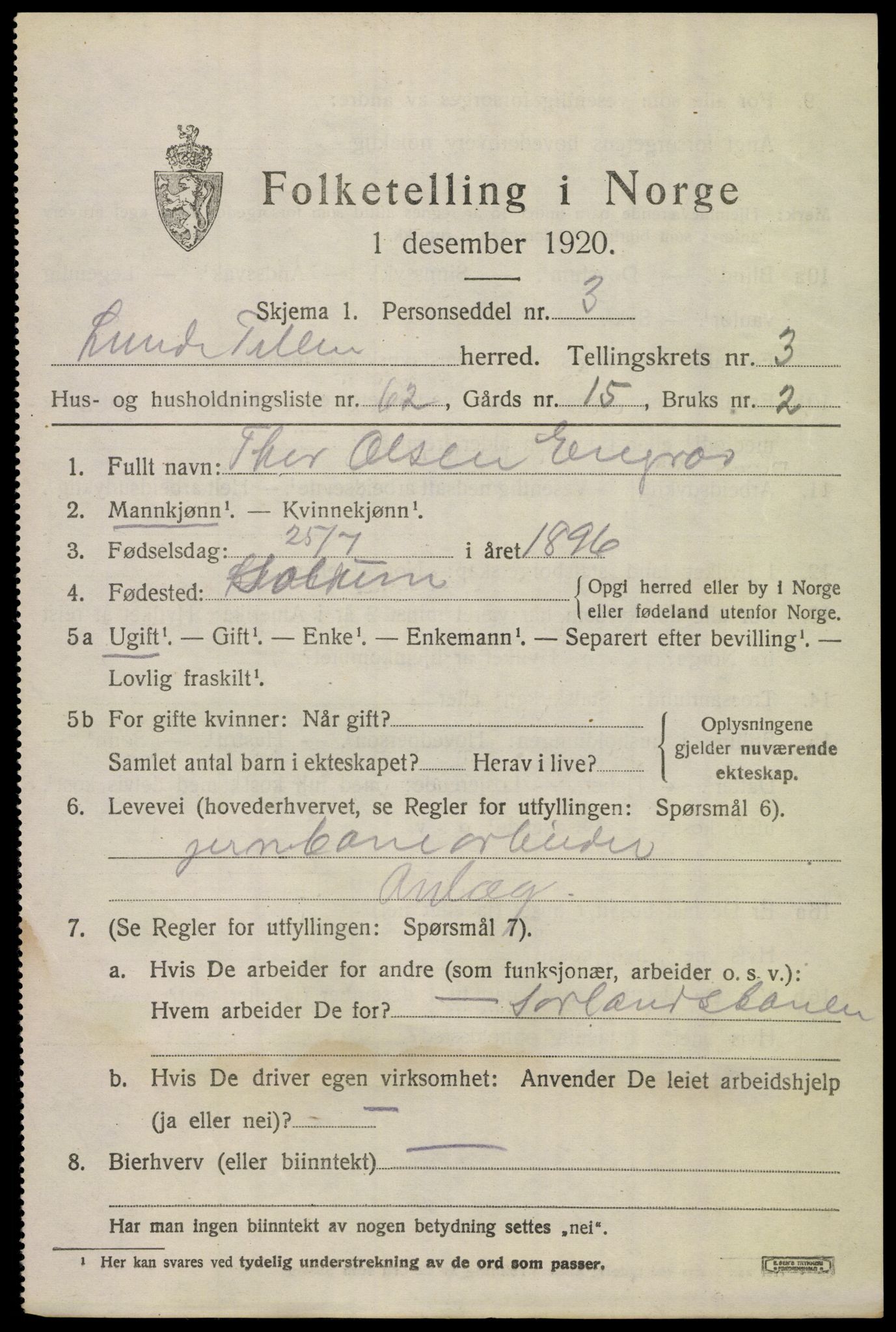 SAKO, 1920 census for Lunde, 1920, p. 2981