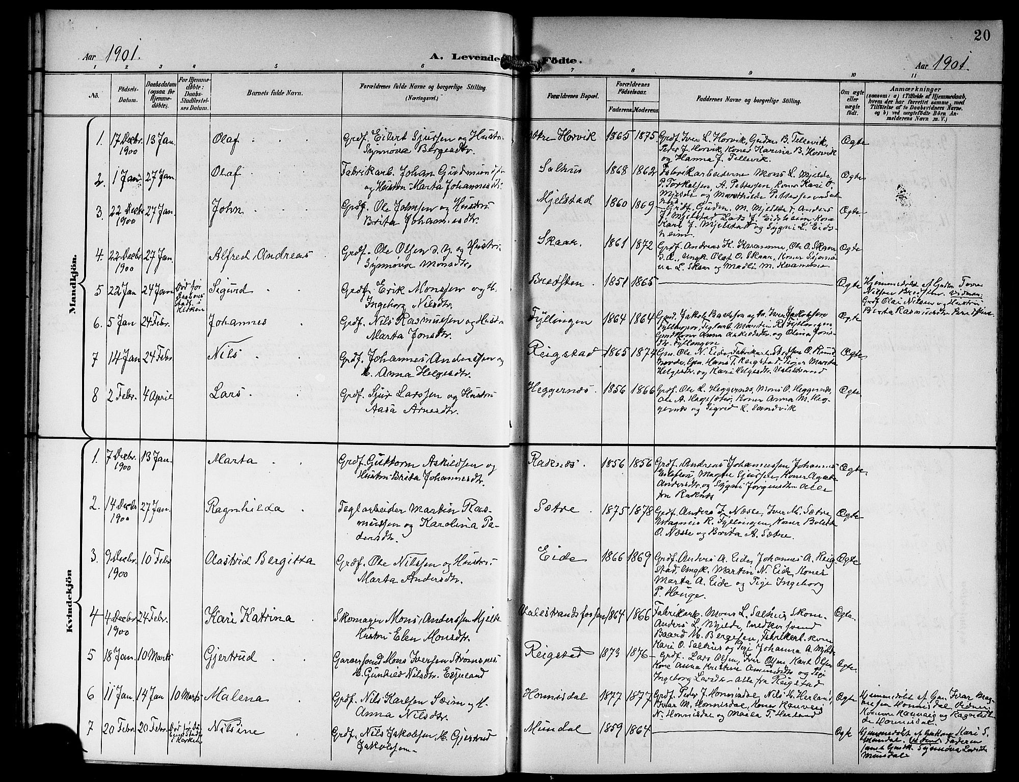 Hamre sokneprestembete, SAB/A-75501/H/Ha/Hab: Parish register (copy) no. B 4, 1898-1919, p. 20