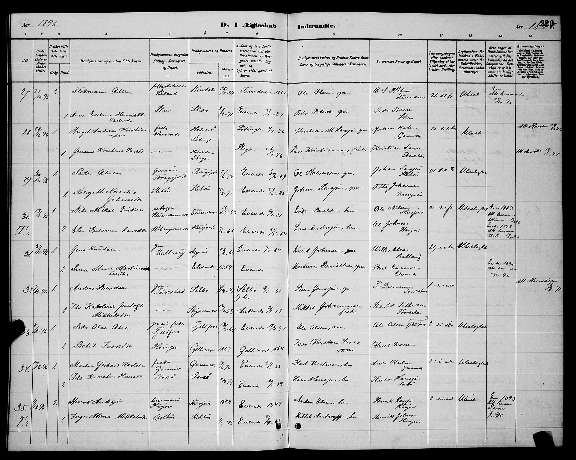 Ministerialprotokoller, klokkerbøker og fødselsregistre - Nordland, AV/SAT-A-1459/863/L0914: Parish register (copy) no. 863C04, 1886-1897, p. 220