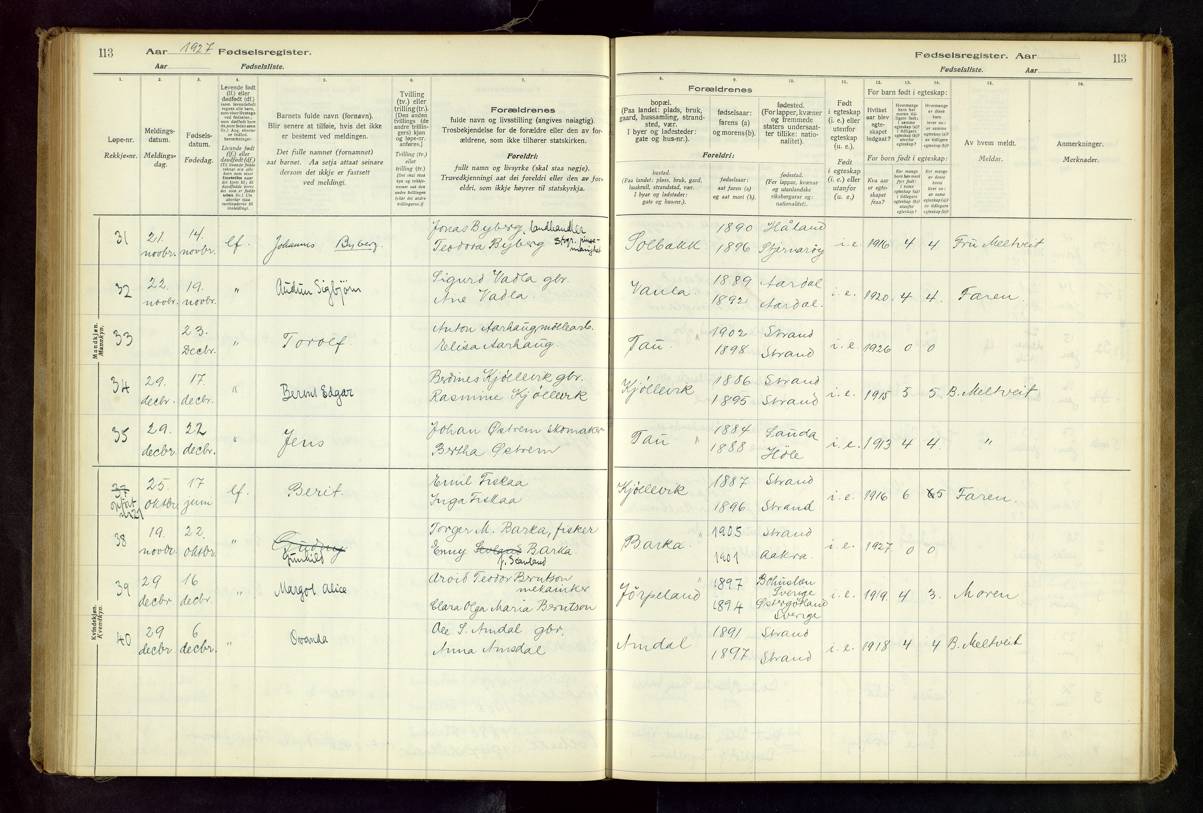 Strand sokneprestkontor, AV/SAST-A-101828/I/Id/L0001: Birth register no. 1, 1916-1938, p. 113