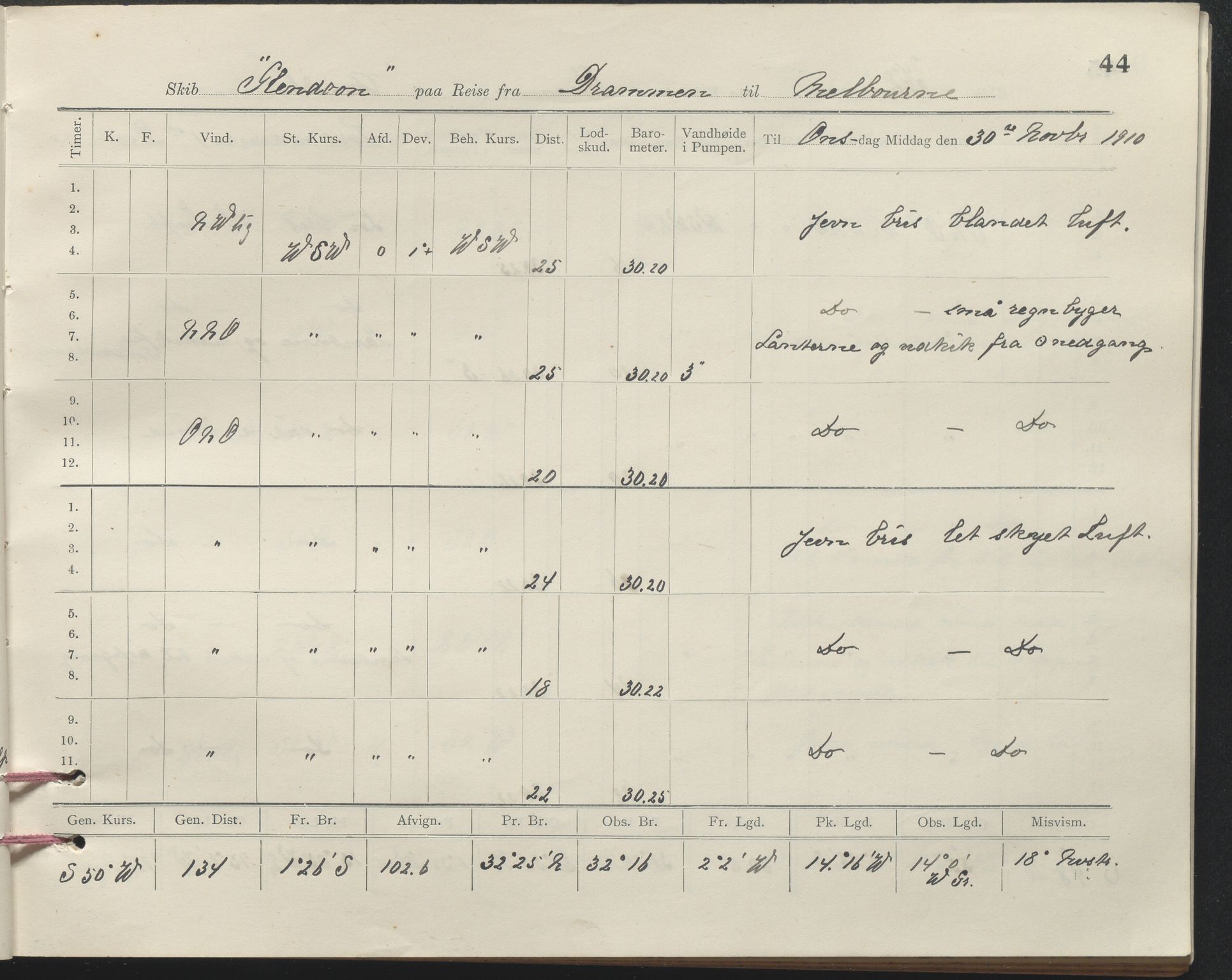 , PA-1348 Mathiesen, Erik Martinius; logbok Glendoon 1910-1911, 1910-1911, p. 44