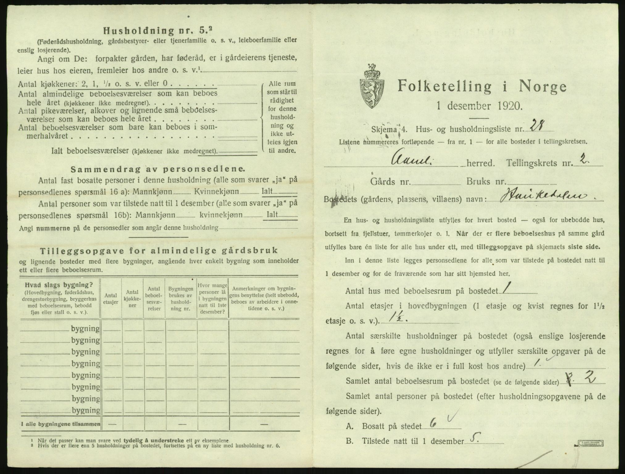 SAK, 1920 census for Åmli, 1920, p. 135