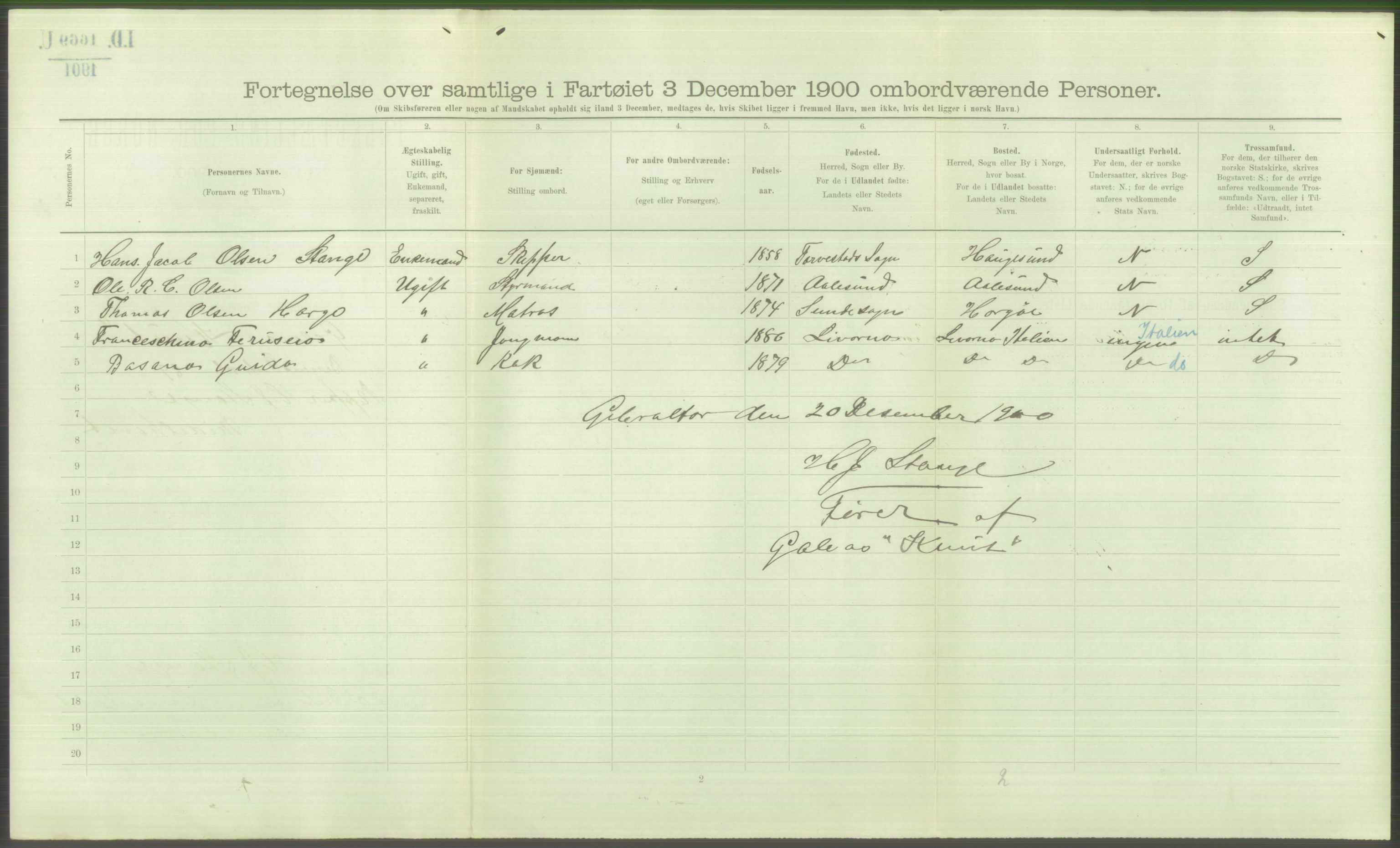 RA, 1900 Census - ship lists from ships in Norwegian harbours, harbours abroad and at sea, 1900, p. 5620