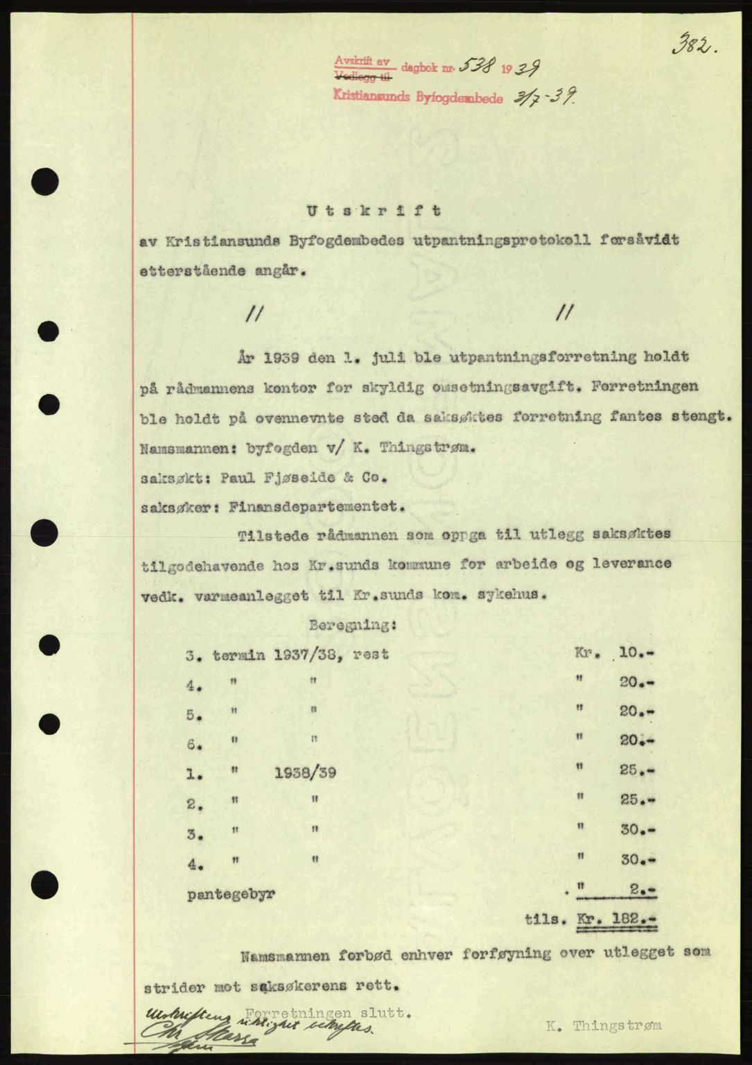 Kristiansund byfogd, AV/SAT-A-4587/A/27: Mortgage book no. 31, 1938-1939, Diary no: : 538/1939