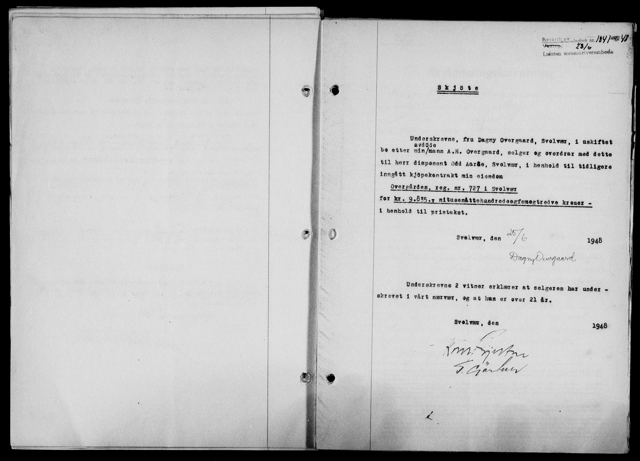 Lofoten sorenskriveri, SAT/A-0017/1/2/2C/L0018a: Mortgage book no. 18a, 1948-1948, Diary no: : 1341/1948