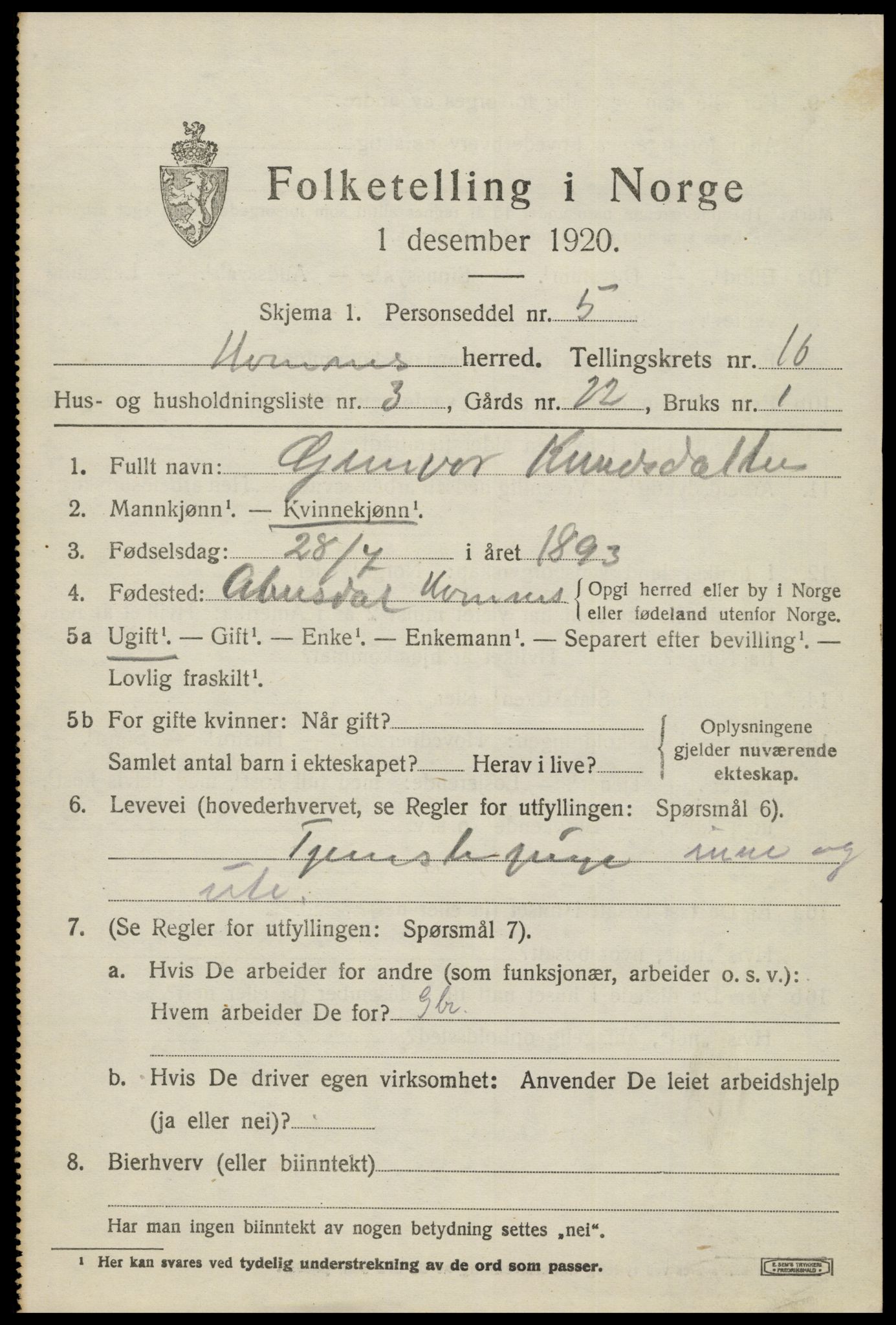 SAK, 1920 census for Hornnes, 1920, p. 2531