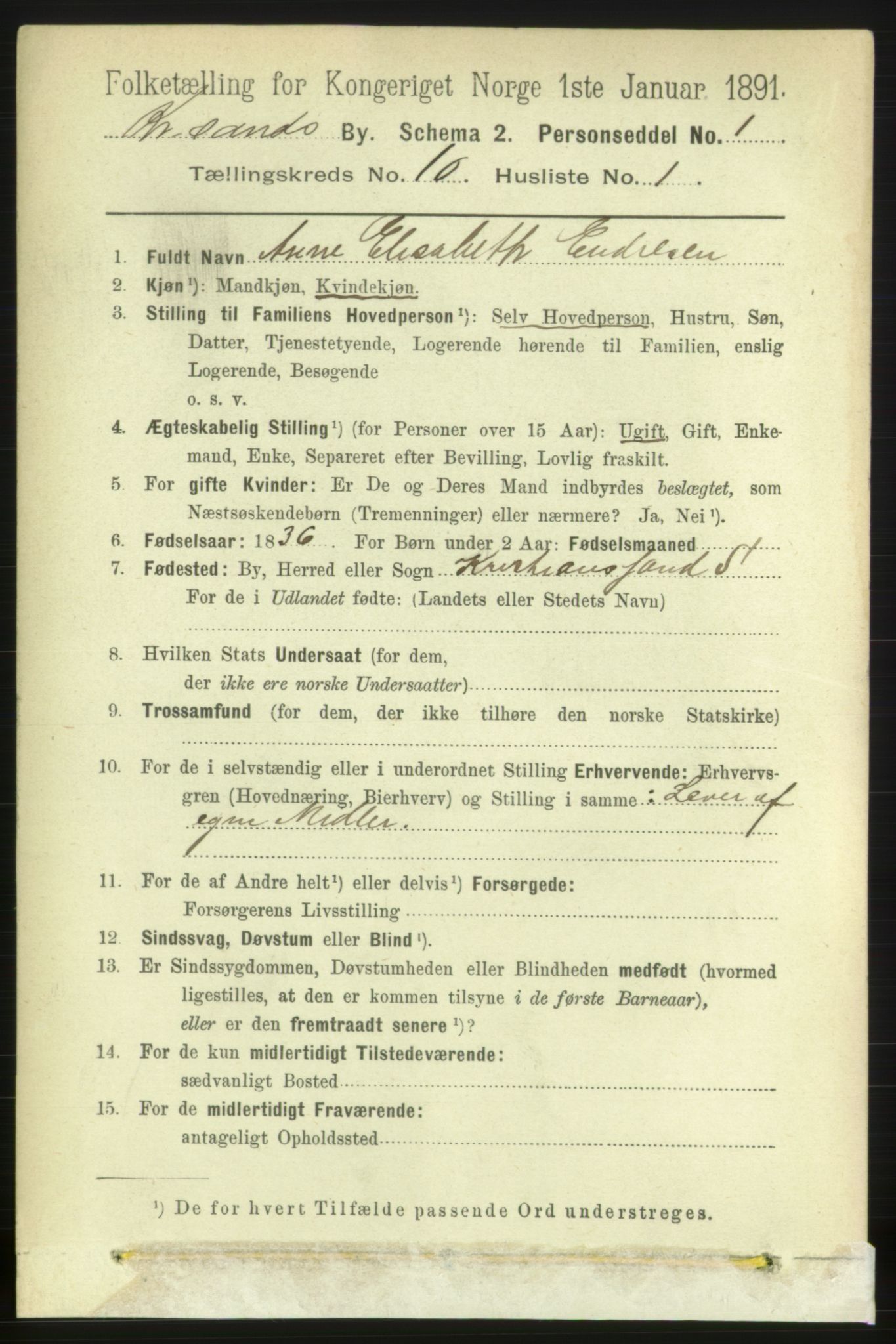 RA, 1891 census for 1001 Kristiansand, 1891, p. 5401