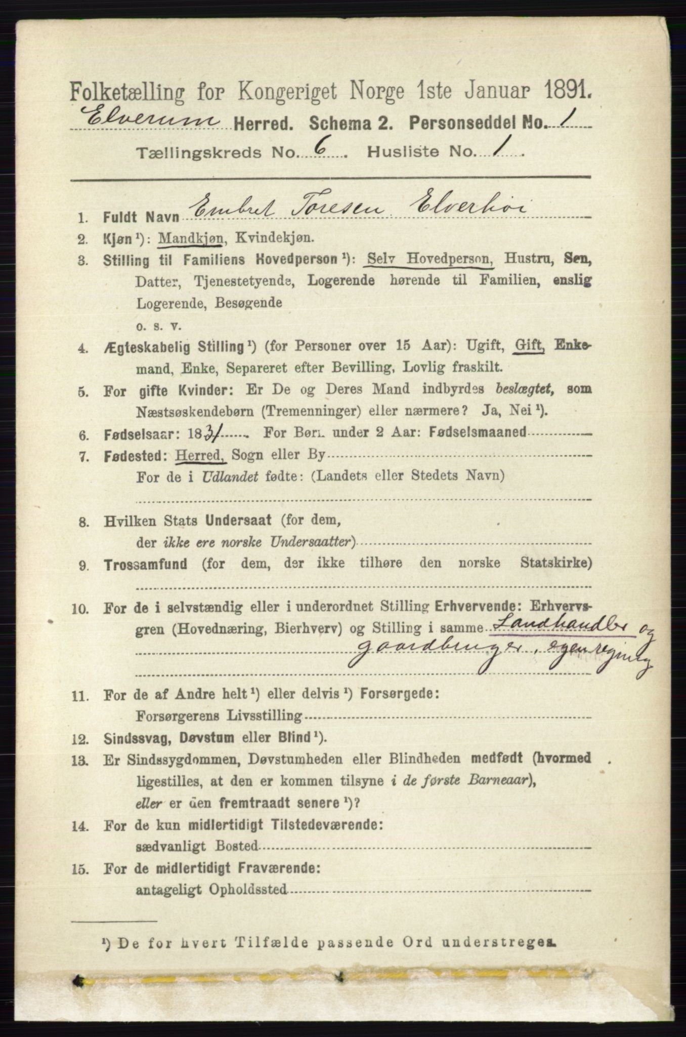 RA, 1891 census for 0427 Elverum, 1891, p. 4355