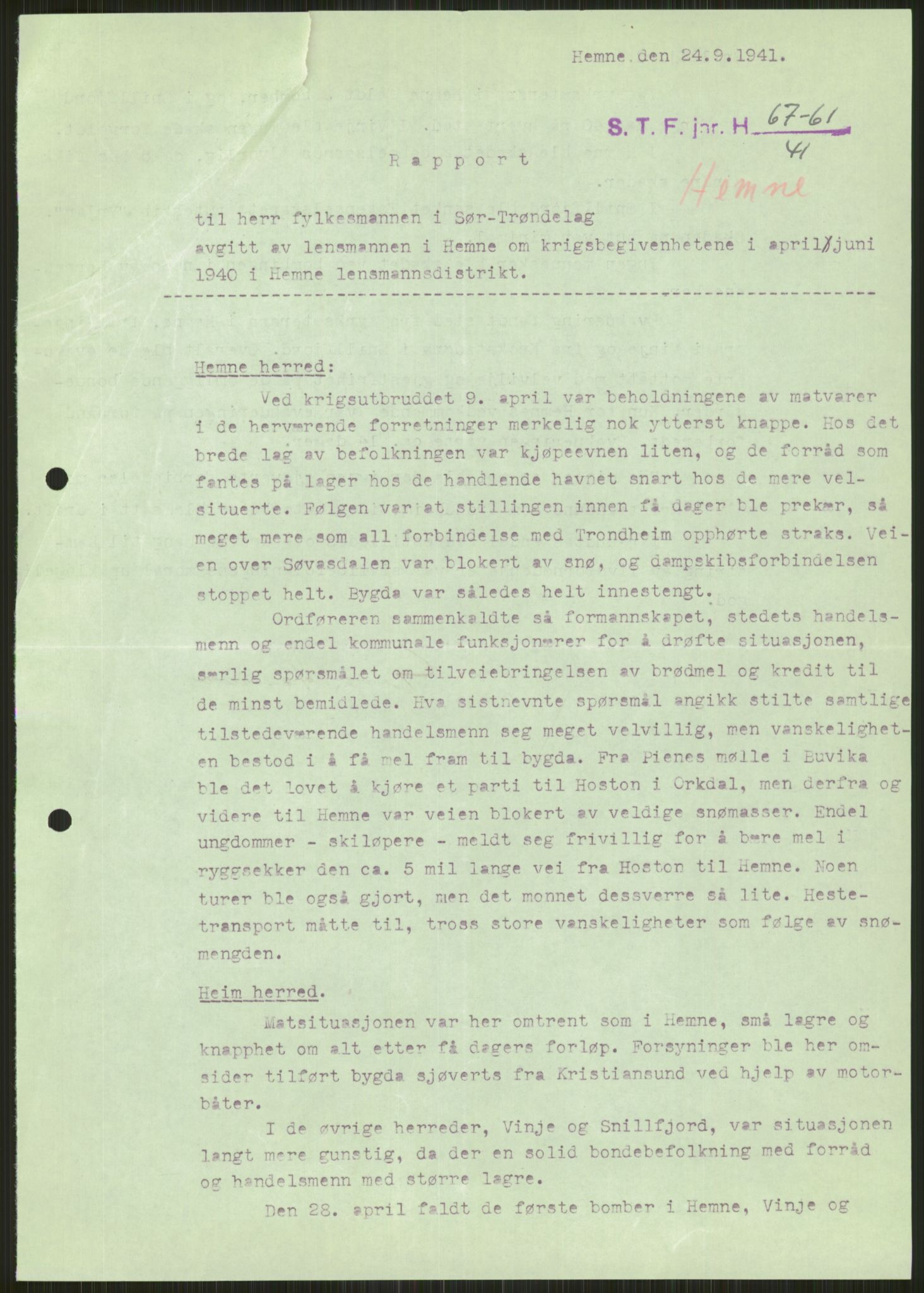 Forsvaret, Forsvarets krigshistoriske avdeling, AV/RA-RAFA-2017/Y/Ya/L0016: II-C-11-31 - Fylkesmenn.  Rapporter om krigsbegivenhetene 1940., 1940, p. 62