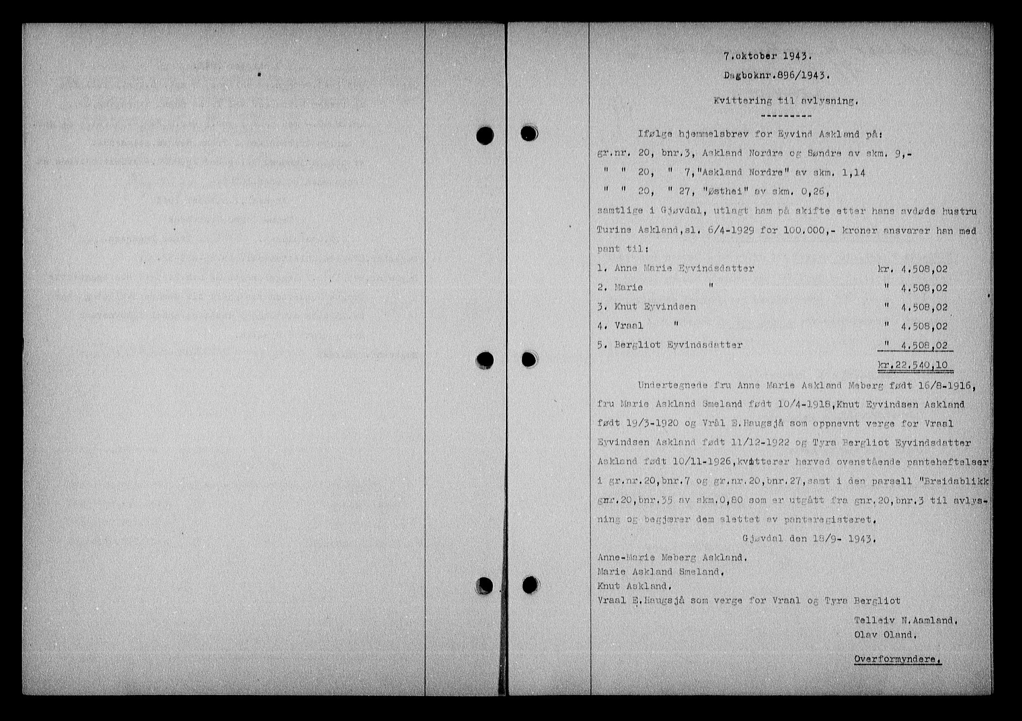 Nedenes sorenskriveri, SAK/1221-0006/G/Gb/Gba/L0051: Mortgage book no. A-V, 1943-1944, Diary no: : 596/1943