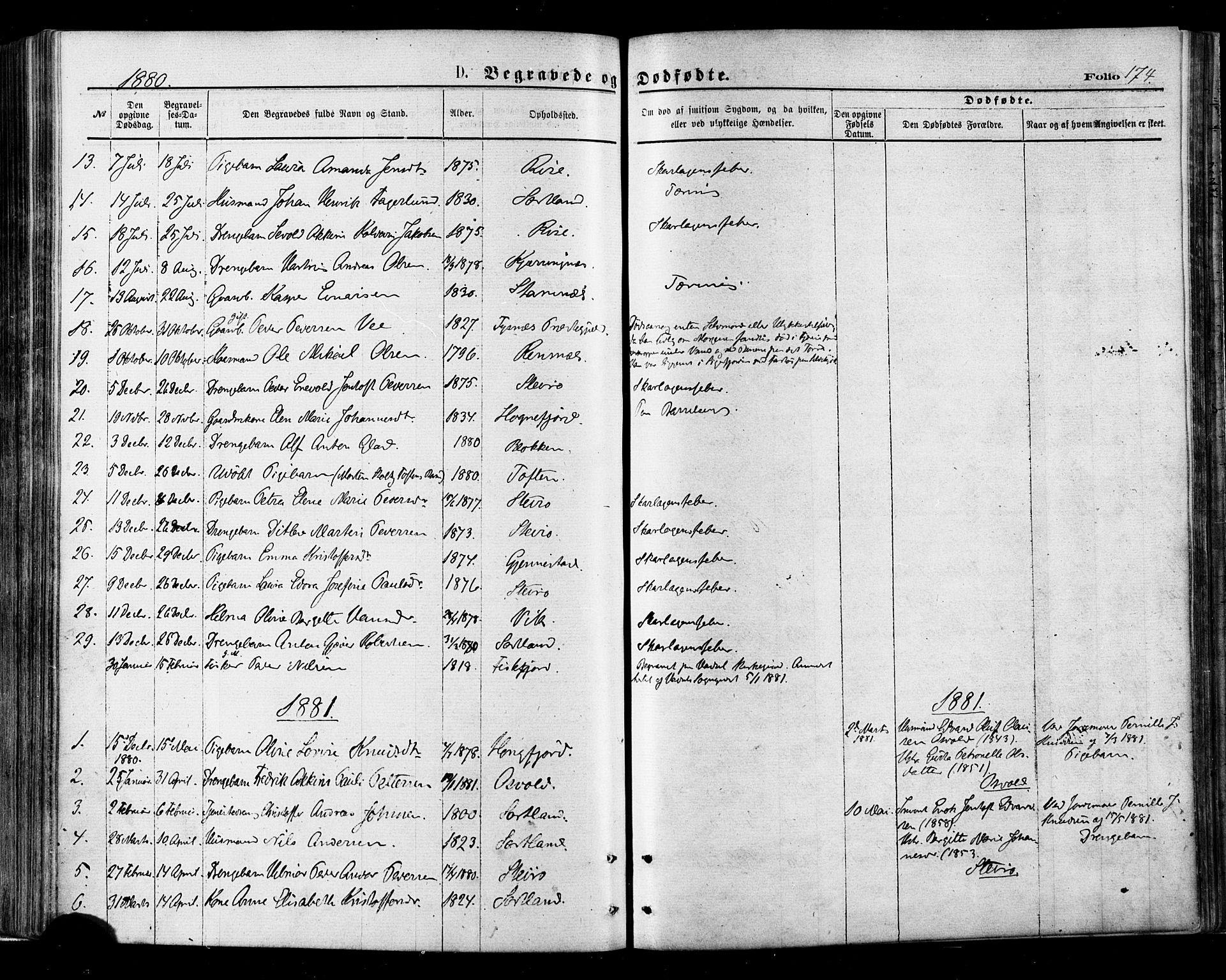 Ministerialprotokoller, klokkerbøker og fødselsregistre - Nordland, AV/SAT-A-1459/895/L1370: Parish register (official) no. 895A05, 1873-1884, p. 174