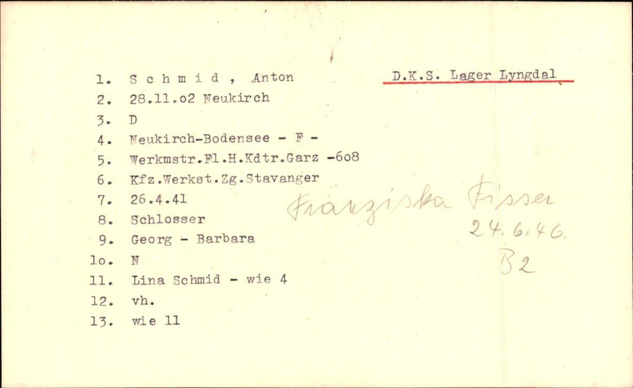 Hjemsendte tyskere , RA/RAFA-6487/D/Db/L0024: Schmidt-Schulz, 1945-1947, p. 1