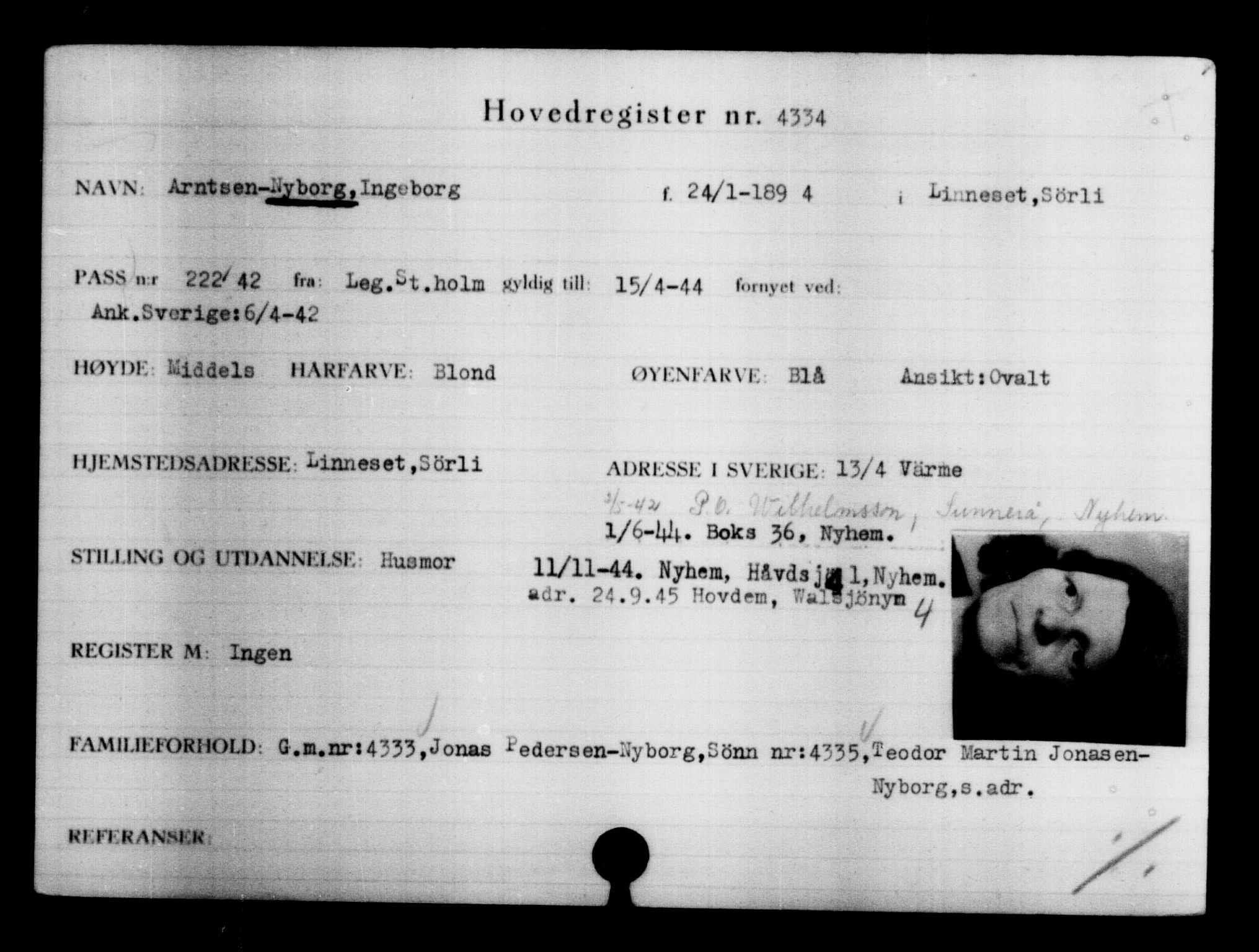 Utenriksstasjonene, Legasjonen i Stockholm, Flyktningkontoret, AV/RA-S-6753/V/Va/L0004: Kjesäterkartoteket, flyktninger med registreringsnr. 3496-6610, 1940-1945, p. 1017