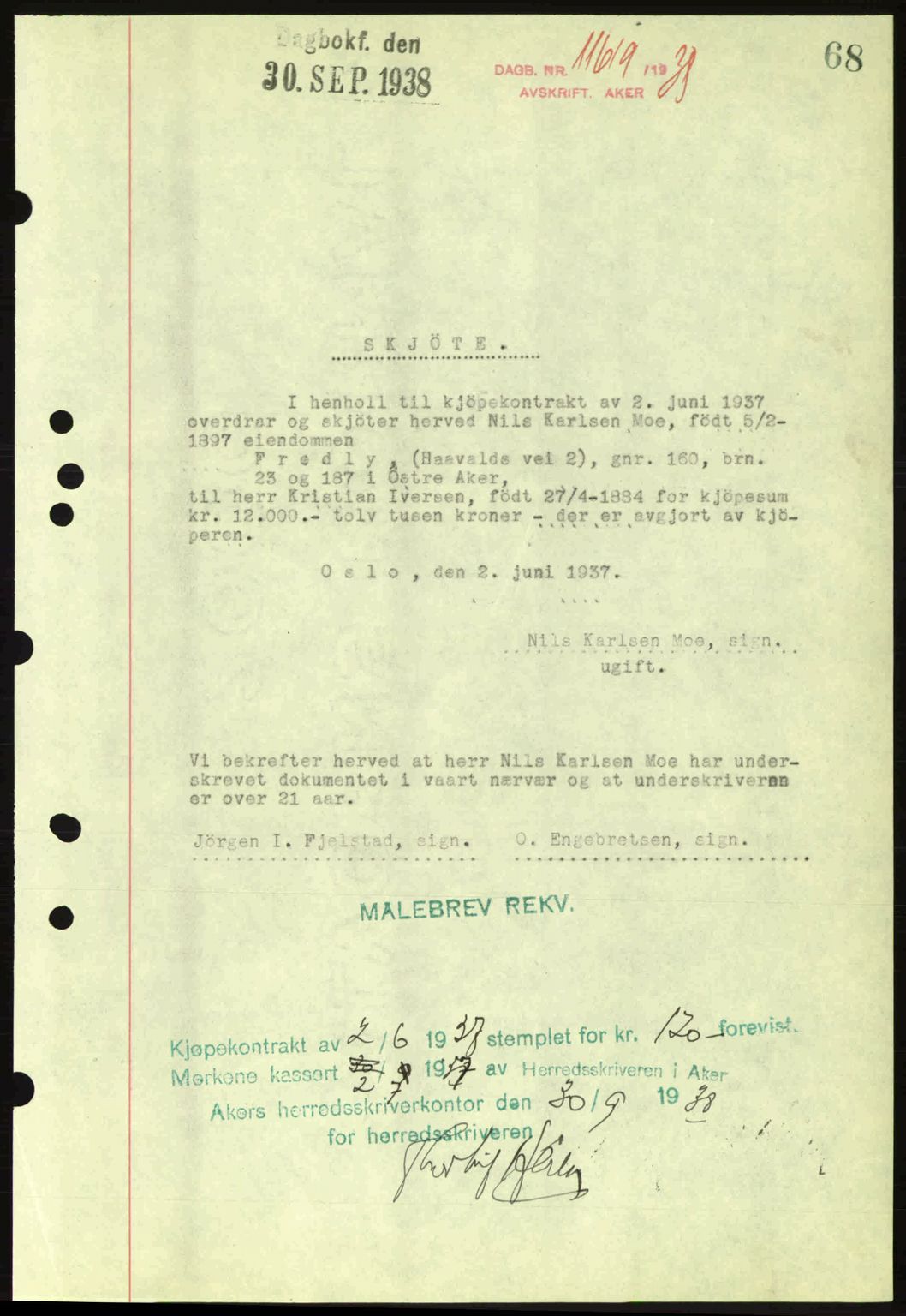 Aker herredsskriveri, SAO/A-10896/G/Gb/Gba/Gbab/L0025: Mortgage book no. A154-155, 1938-1938, Diary no: : 11619/1938