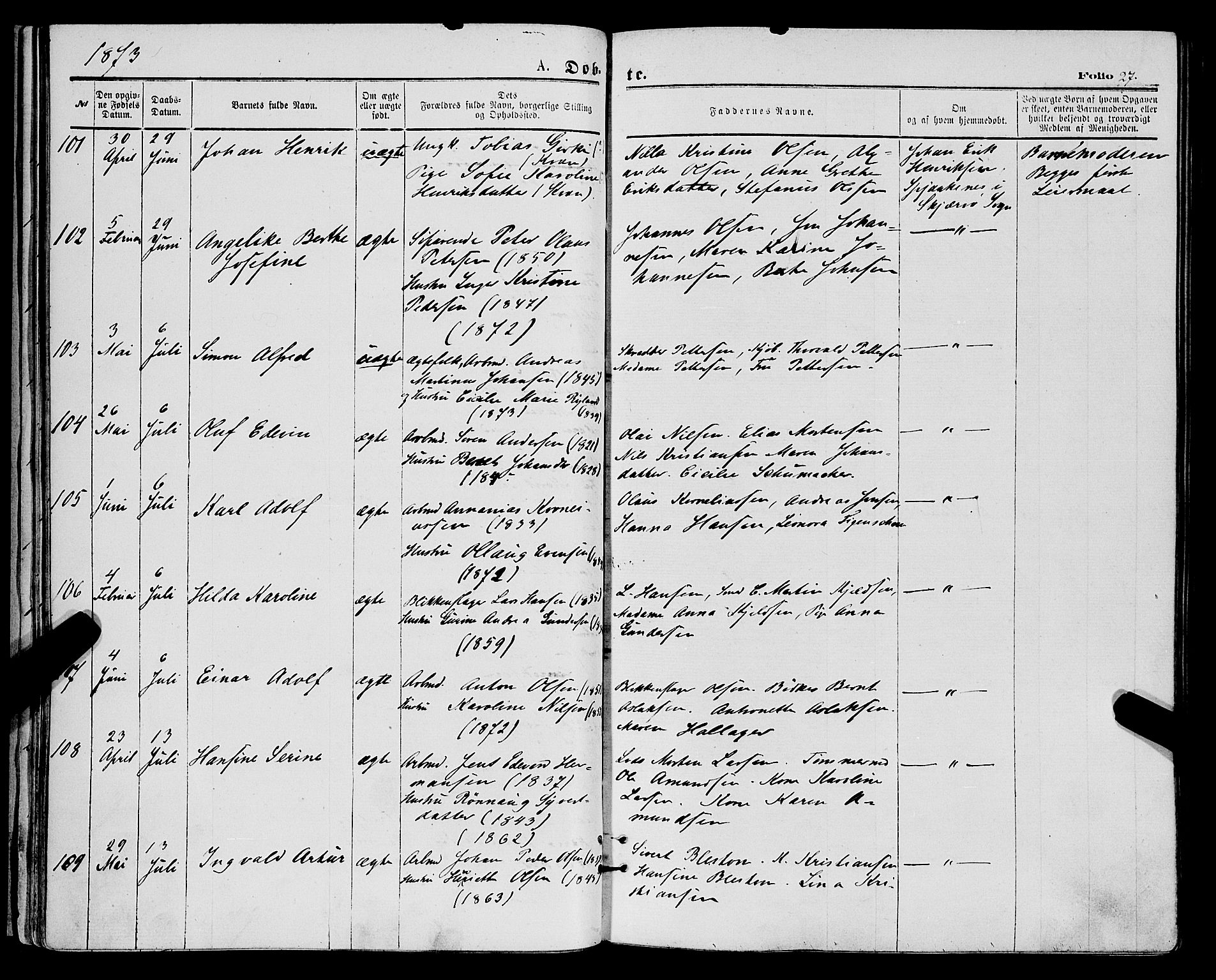 Tromsø sokneprestkontor/stiftsprosti/domprosti, SATØ/S-1343/G/Ga/L0013kirke: Parish register (official) no. 13, 1872-1877, p. 27